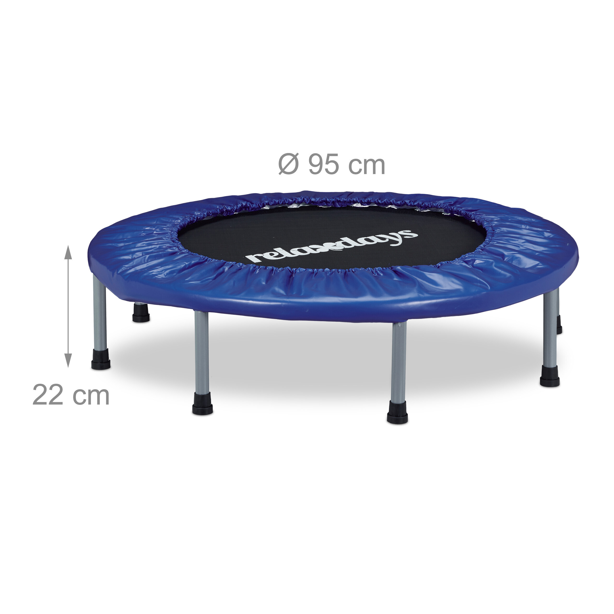 Kleines blaues Fitnesstrampolin, 95 cm Durchmesser und 22 cm Höhe, auf weißem Hintergrund.