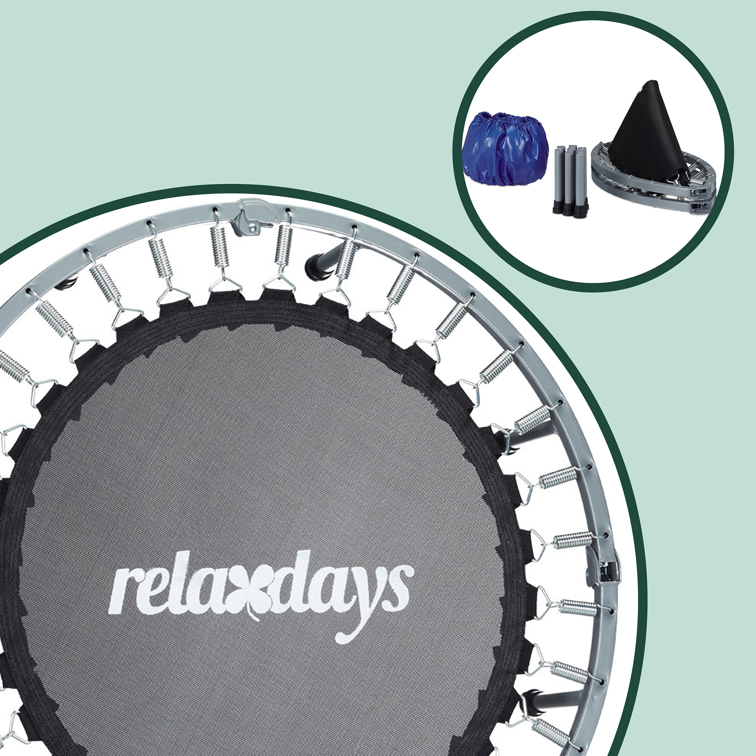 Ein Relaxdays-Mini-Trampolin mit grauem Sprungtuch und Federn; in der Ecke Zubehörteile.