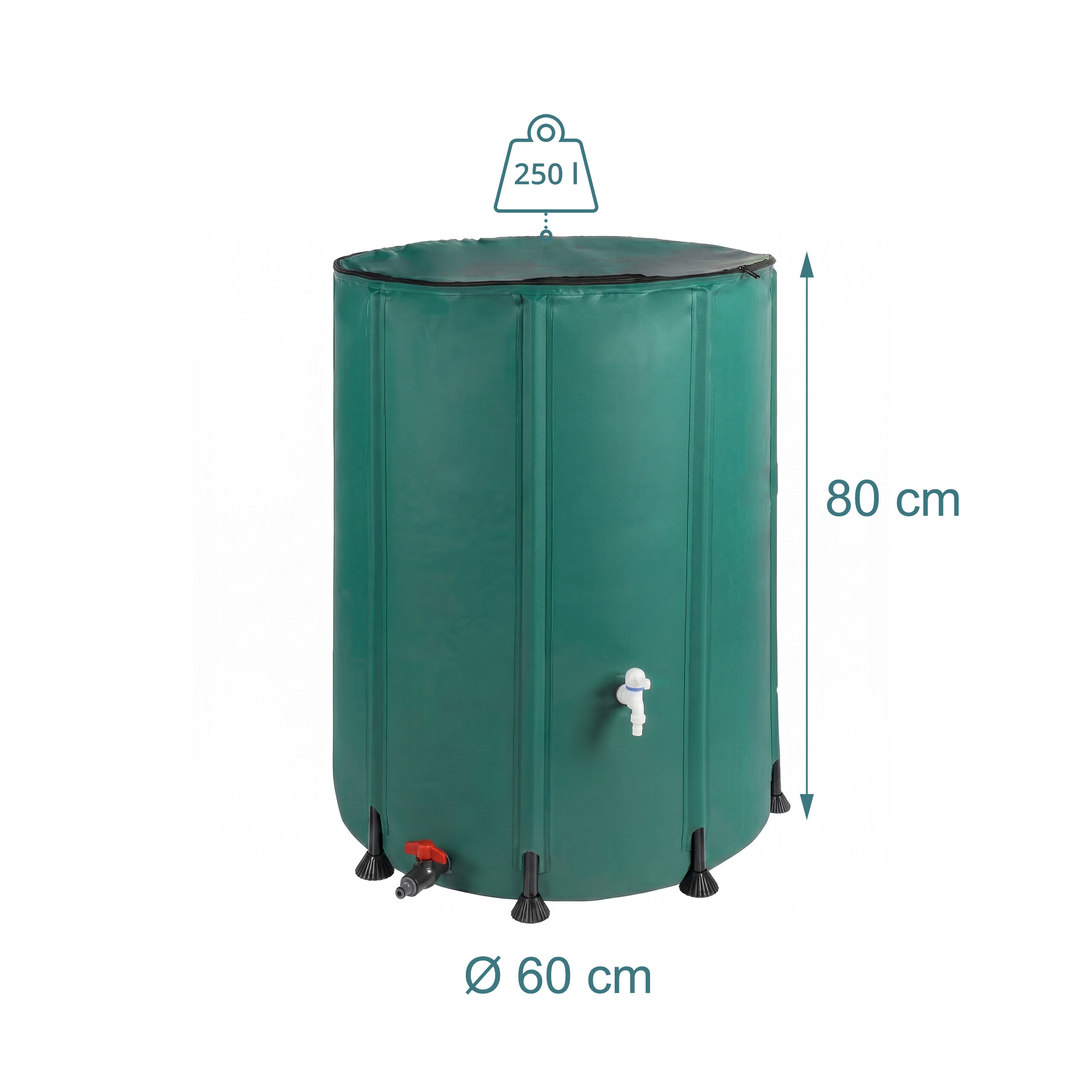 Grüner, runder Regwassertank mit 250l Kapazität, 80cm Höhe, 60cm Durchmesser, mit Wasserhähnen.