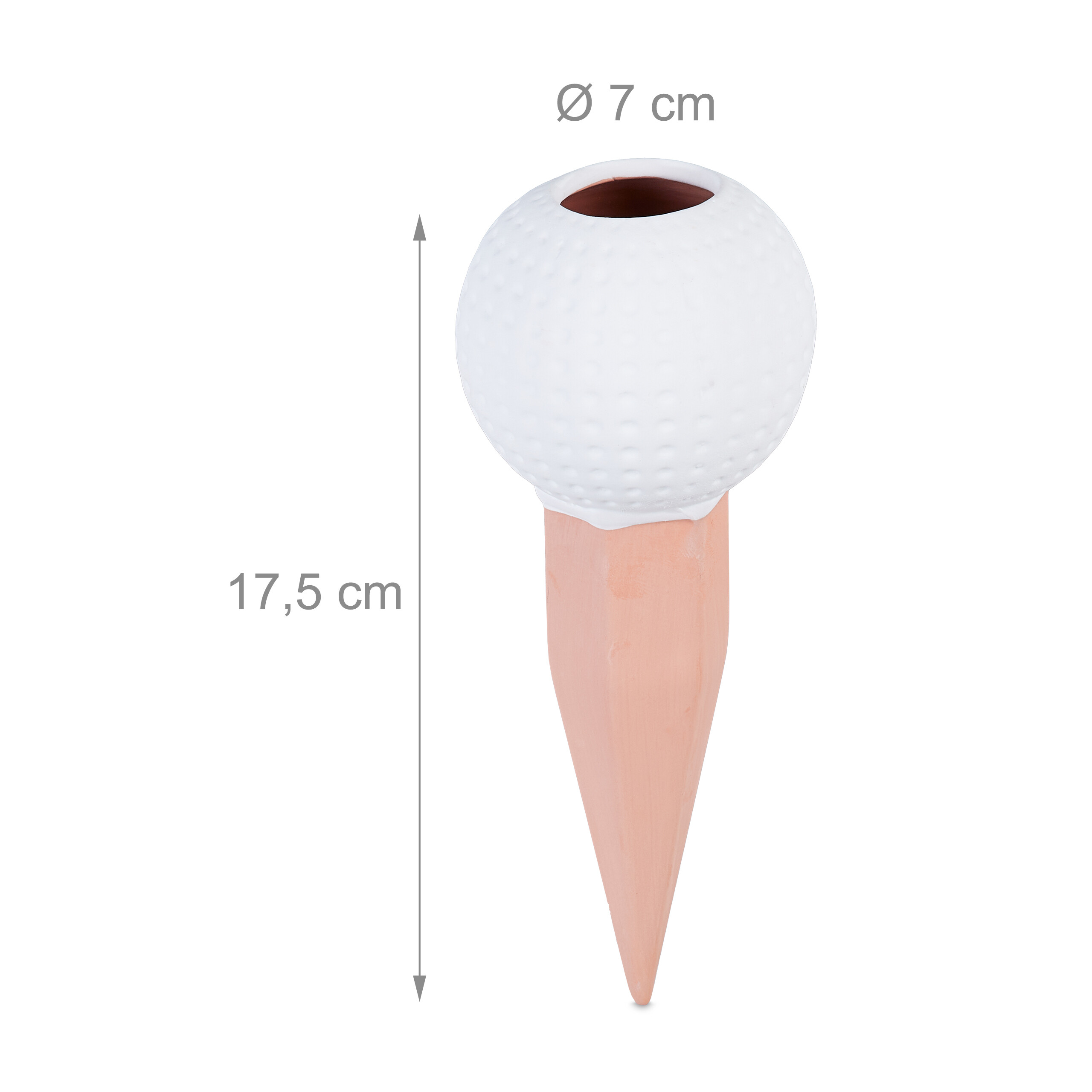 Ein weißer, kugelartiger Keramik-Pflanzenwässerer mit Tonspieß, 17,5 cm hoch, 7 cm Durchmesser.
