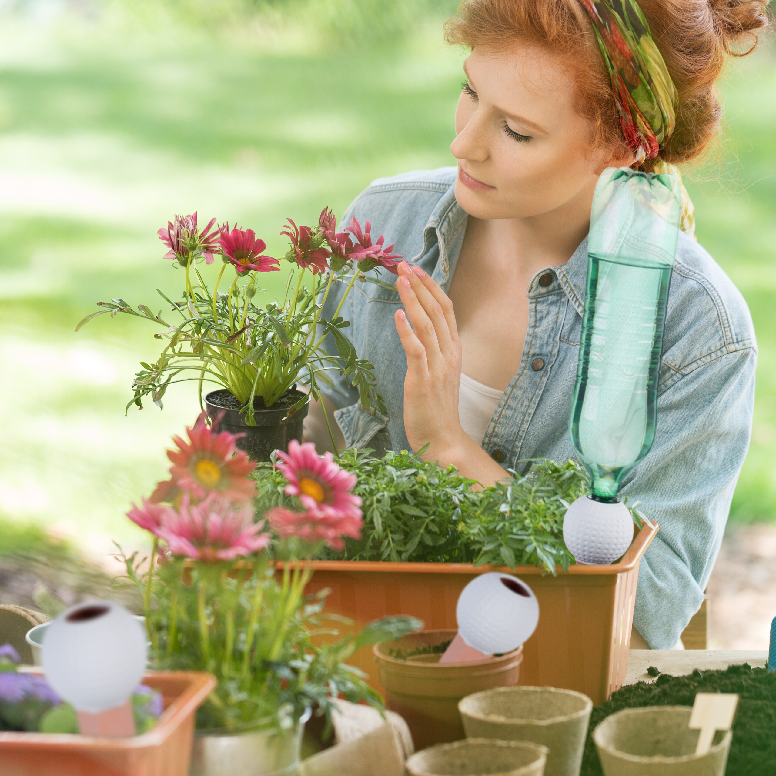 Rothaarige Frau berührt zarte pinke Blumen in Töpfen im Garten mit DIY-Flaschenbewässerung.