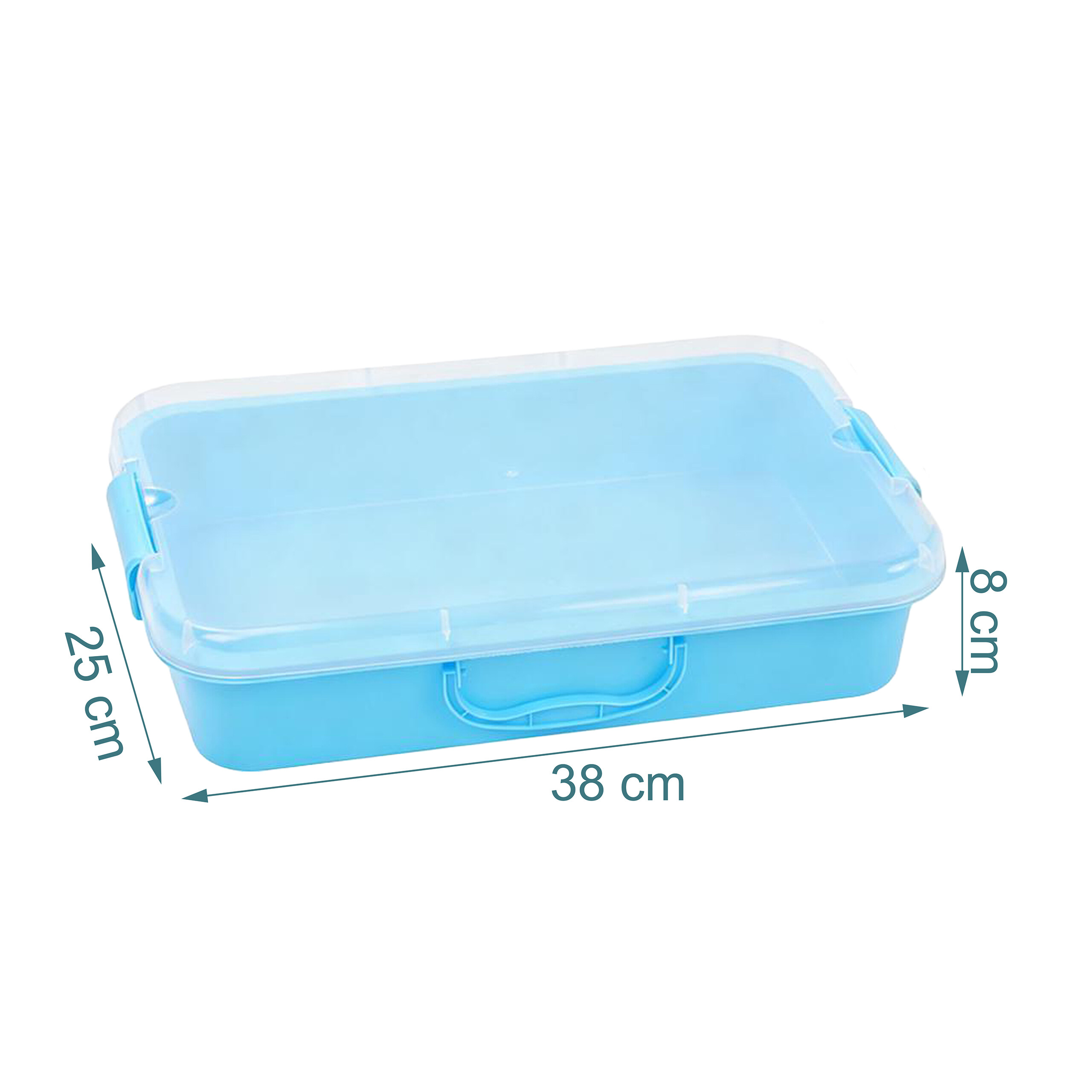 Eine hellblaue Plastikaufbewahrungsbox mit Maßen 38x25x8 cm auf weißem Hintergrund.