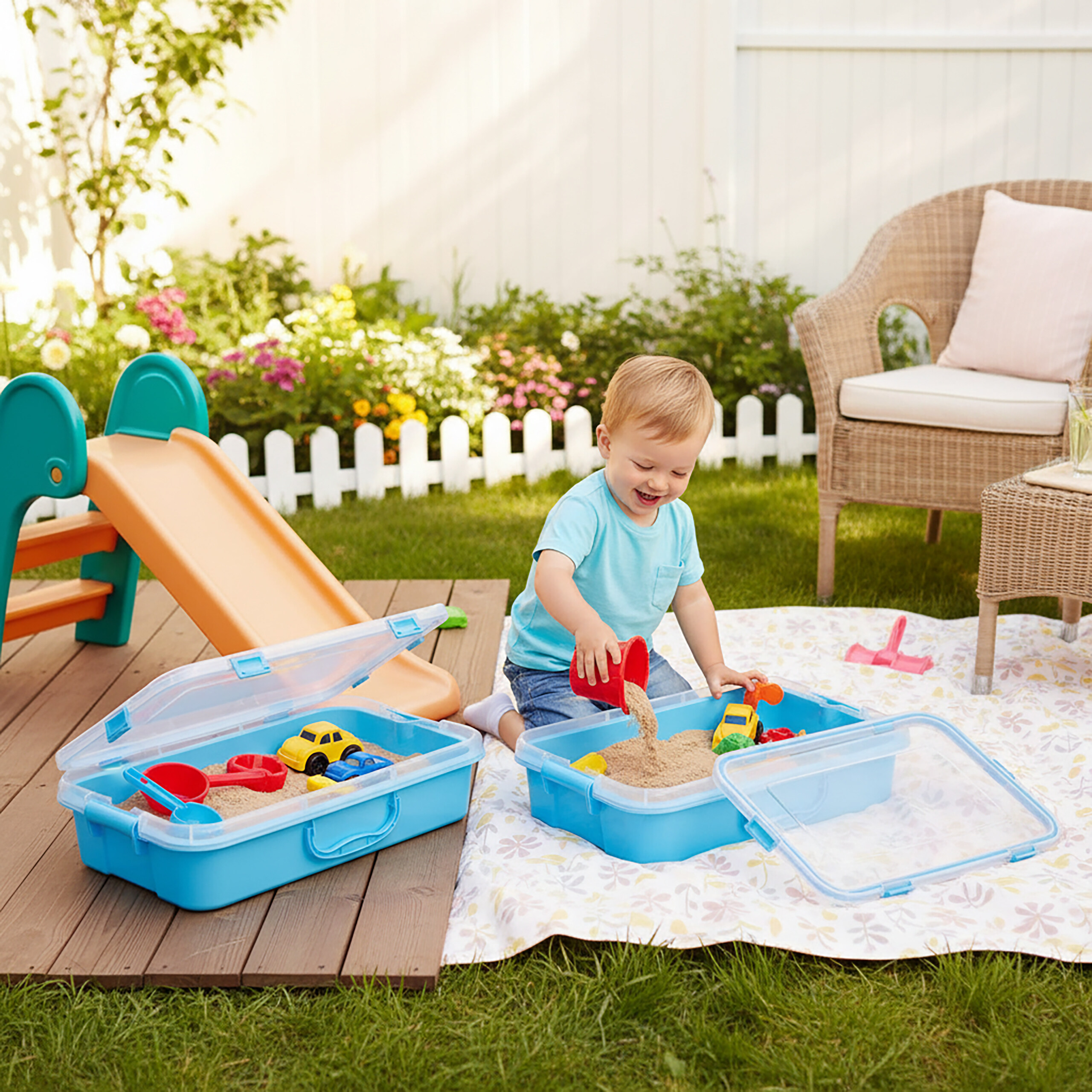 Ein Junge spielt mit Sand und Spielzeugautos in blauen Kisten im Garten vor einer Rutsche.