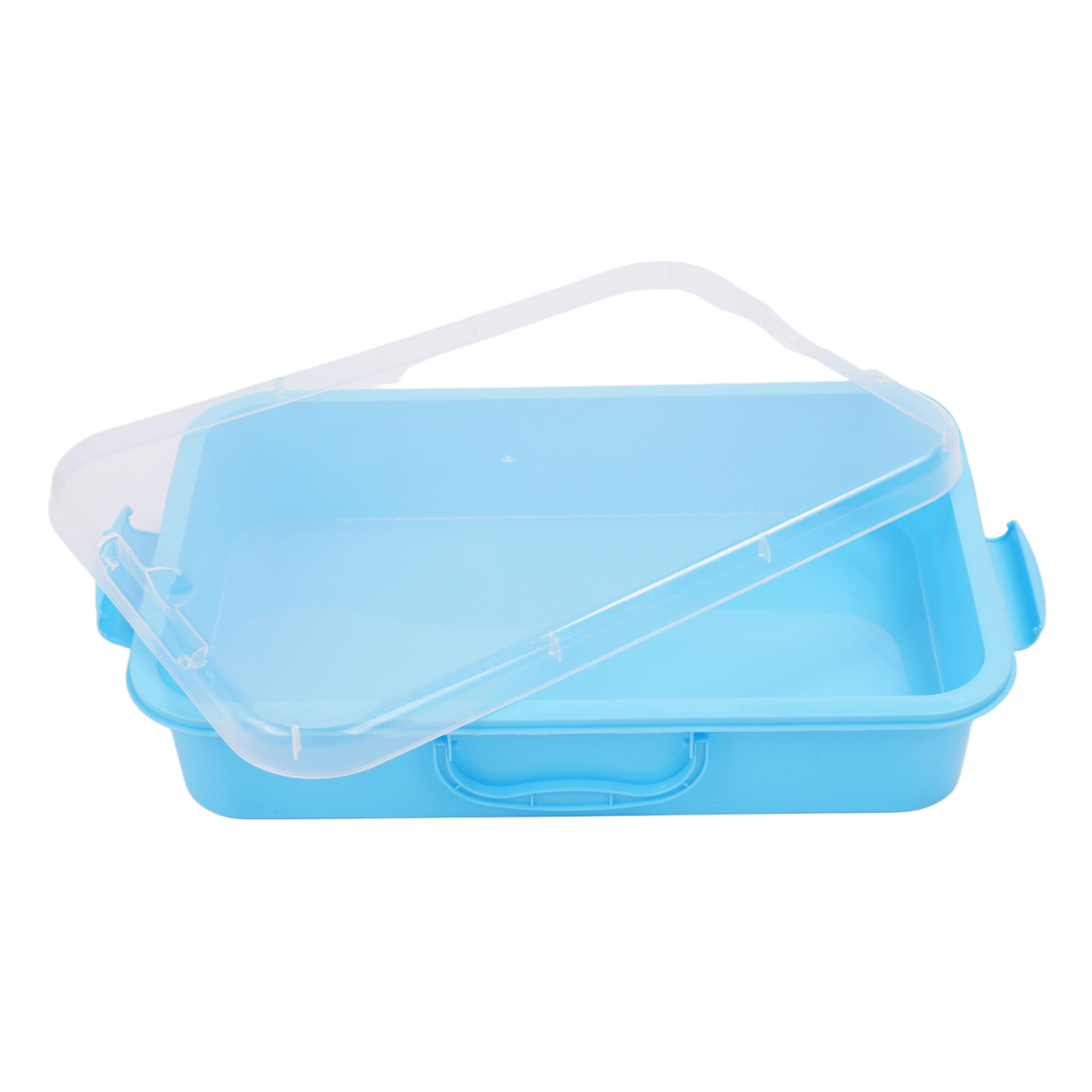 Eine blaue Plastikaufbewahrungsbox mit durchsichtigem Deckel auf weißem Hintergrund.