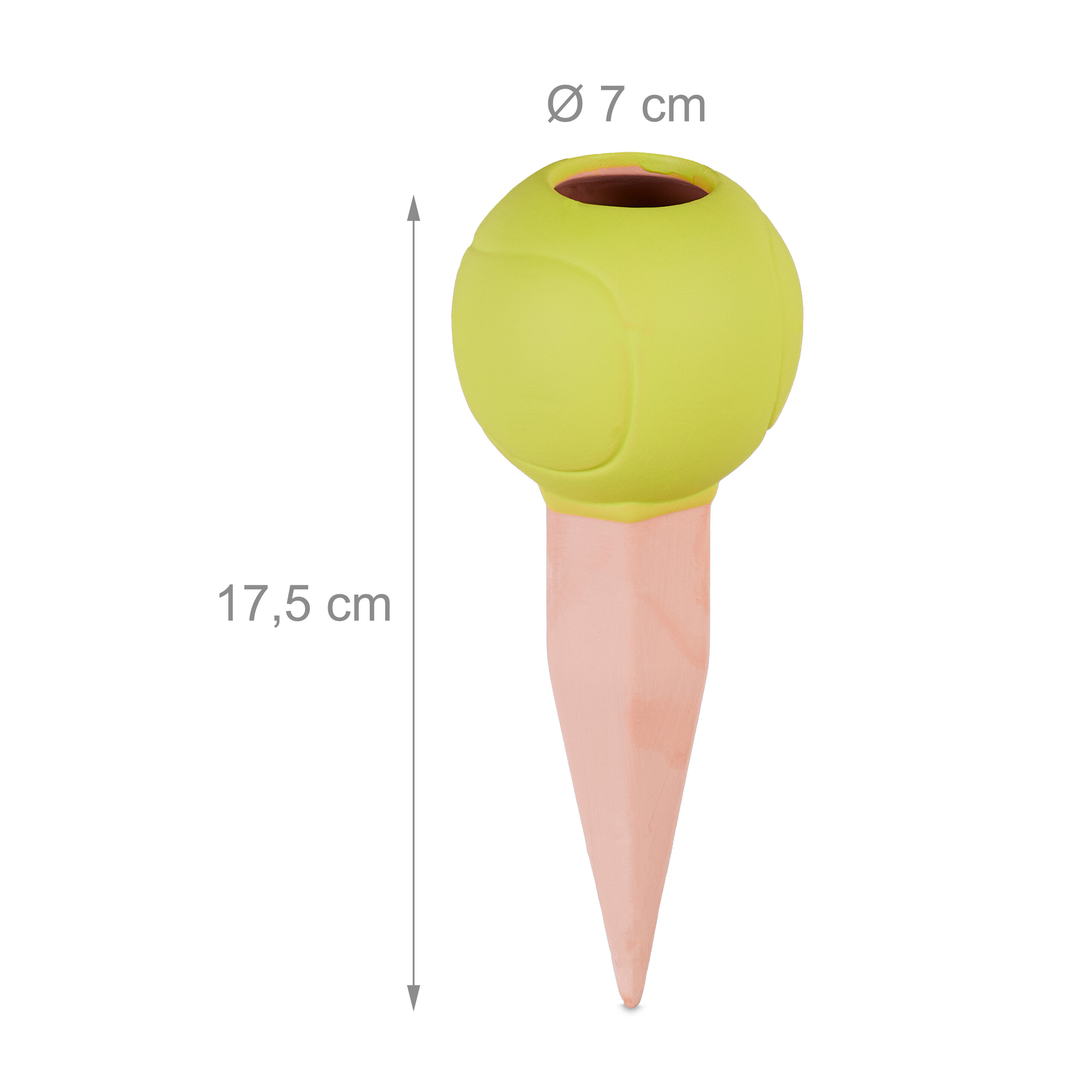Ein hellgrüner Tennisball-Pflanzenbewässerer mit Terrakottaspieß, Maße 17,5 cm und 7 cm.