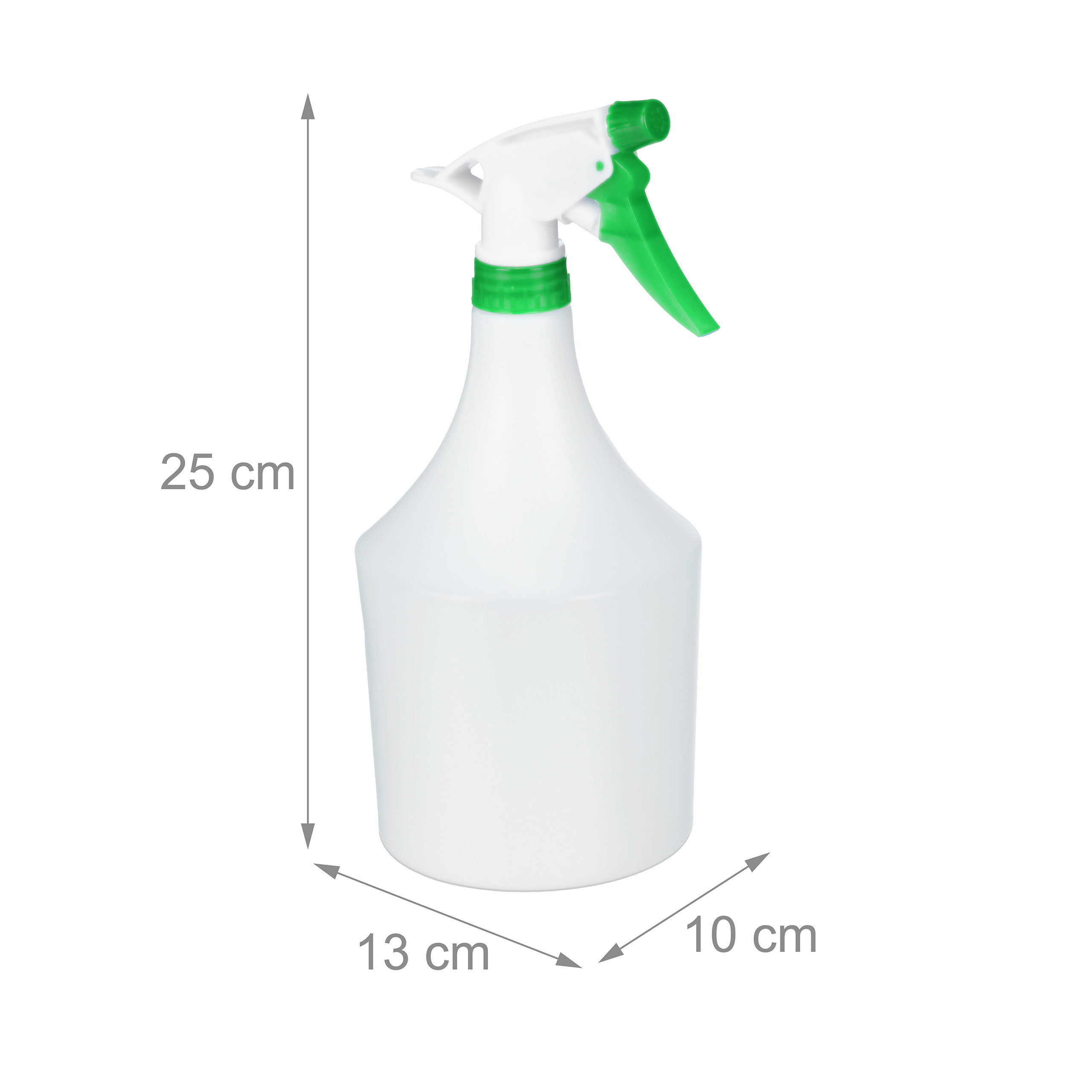 Weiße Sprühflasche mit grünem Sprühkopf und Maßangaben.