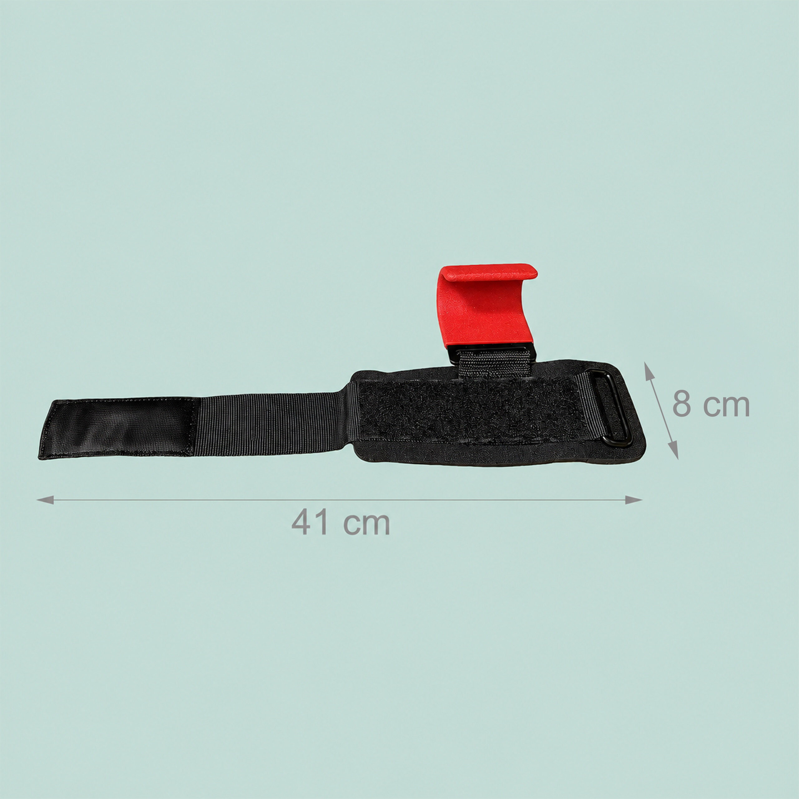 Ein schwarzer Handgelenkgurt mit rotem Haken auf hellem Hintergrund zeigt die Maße von 41 cm Länge und 8 cm Breite.