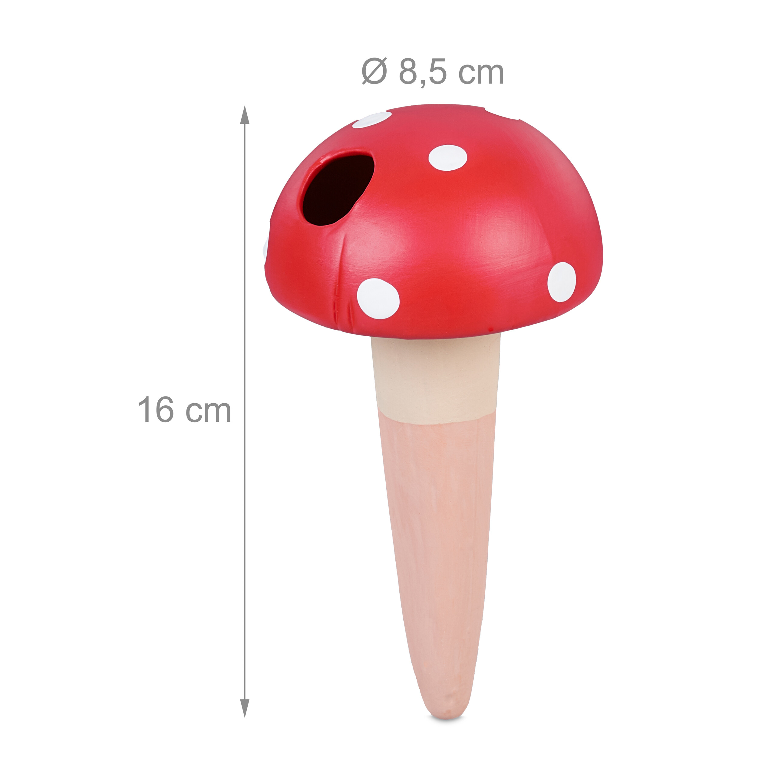 Ein roter, pilzförmiger Keramik-Bewässerungskegel mit weißen Punkten, 16 cm hoch und 8,5 cm breit, vor weißem Hintergrund.