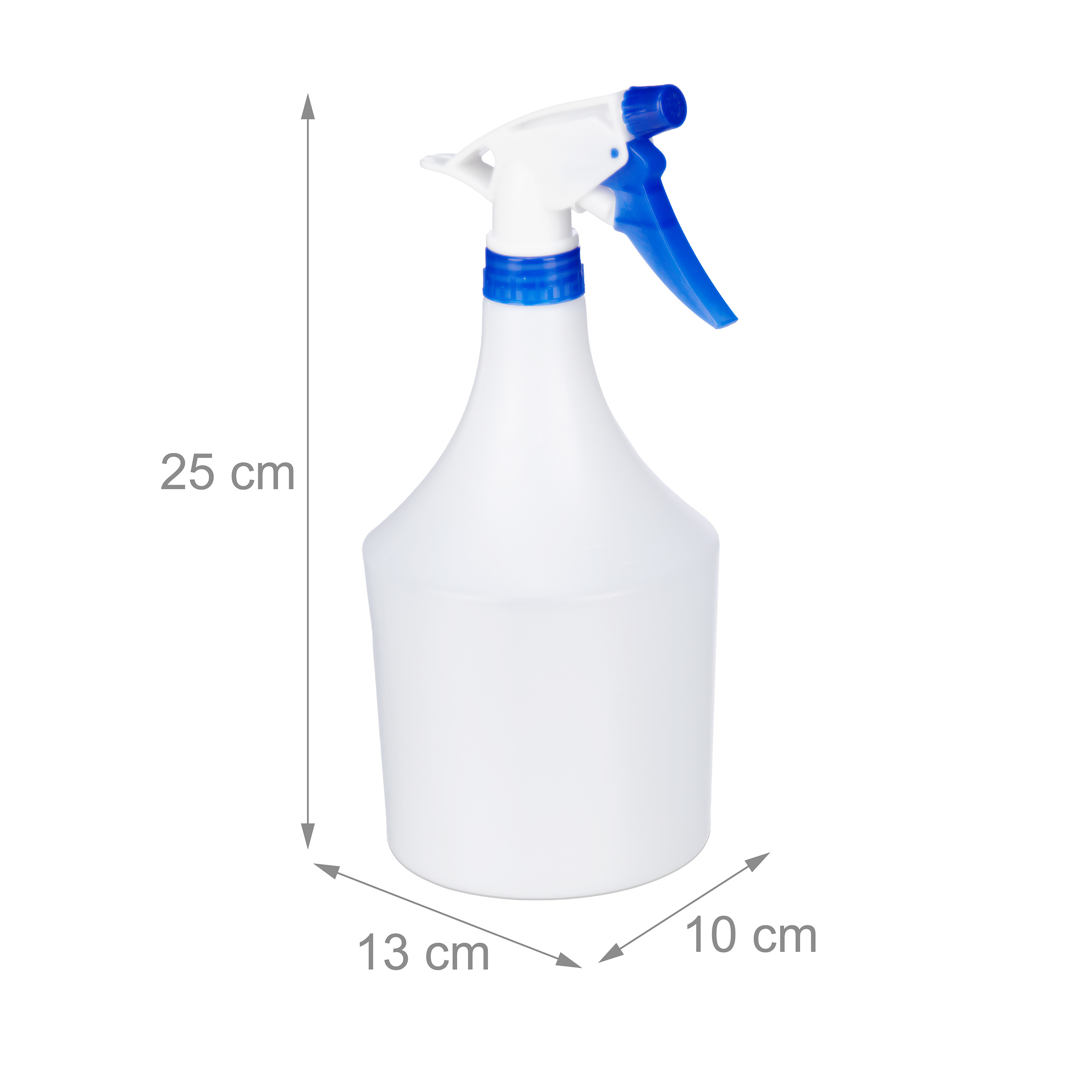 Weiße Sprühflasche mit blauem Kopf, Maße: Höhe 25 cm, Breite 13 cm, Tiefe 10 cm.