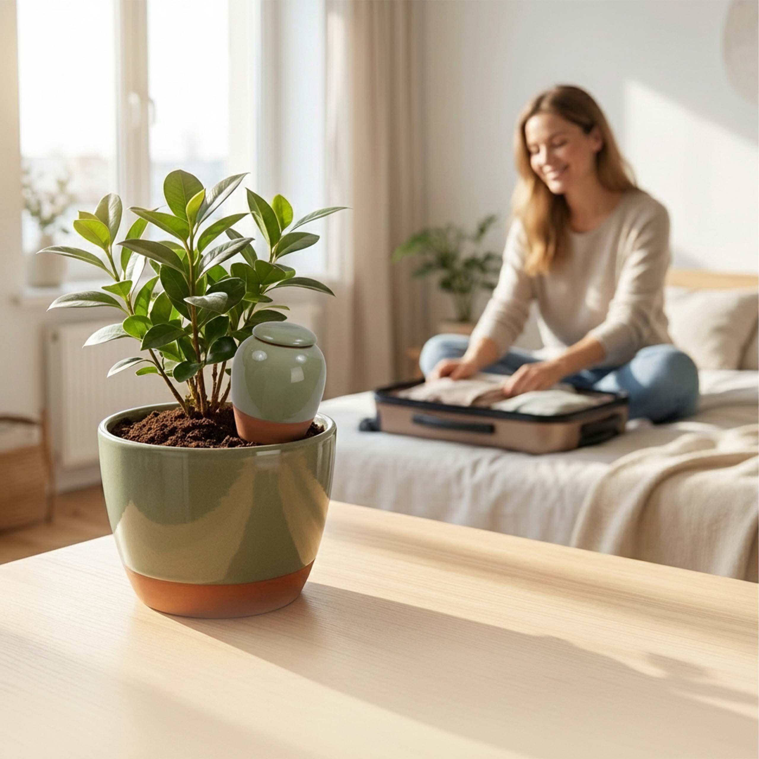 Eine grüne Topfpflanze im Vordergrund, während eine Frau im Hintergrund auf dem Bett ihren Koffer packt.
