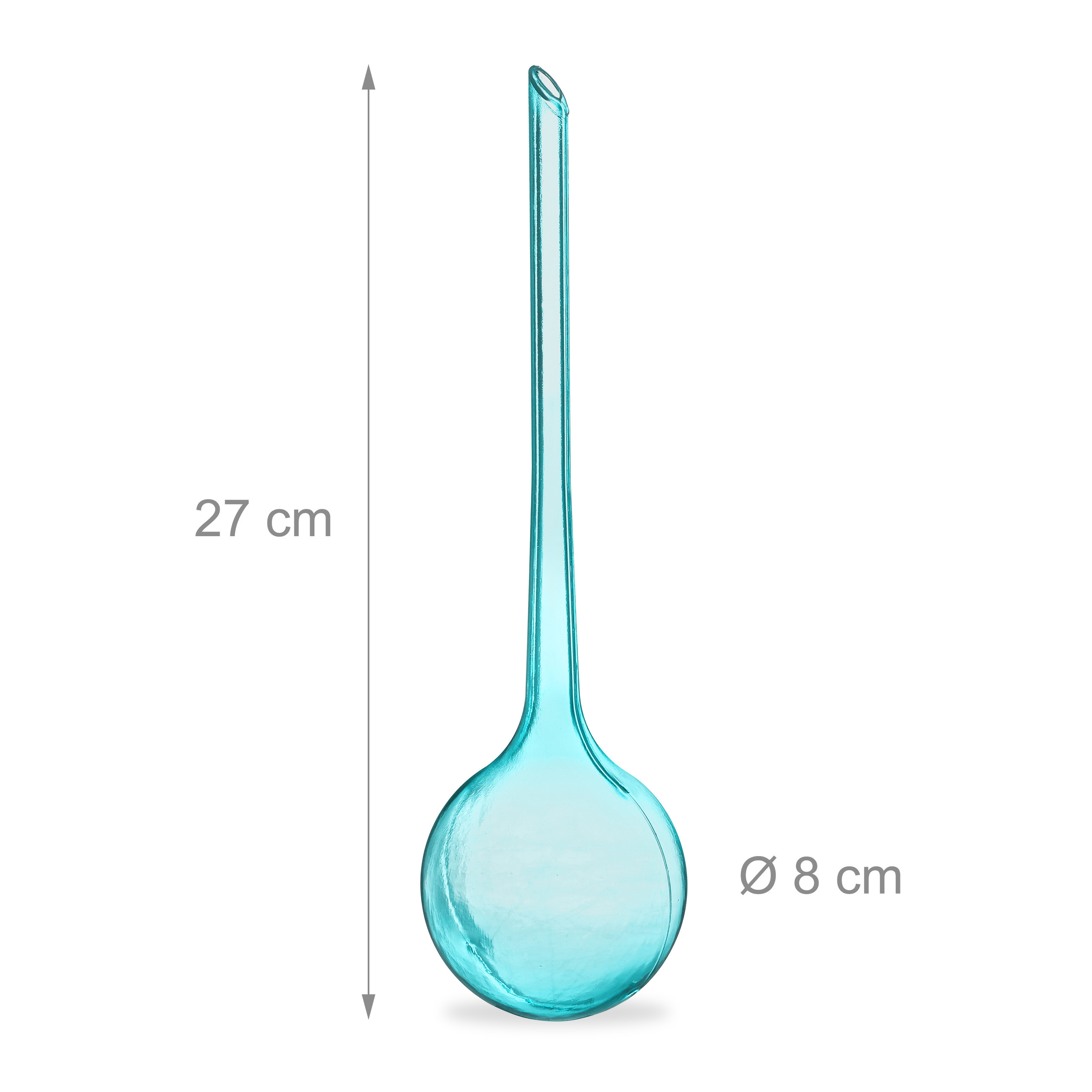 Blaue Glas-Bewässerungskugel, 27 cm lang und 8 cm Durchmesser, auf weißem Hintergrund.