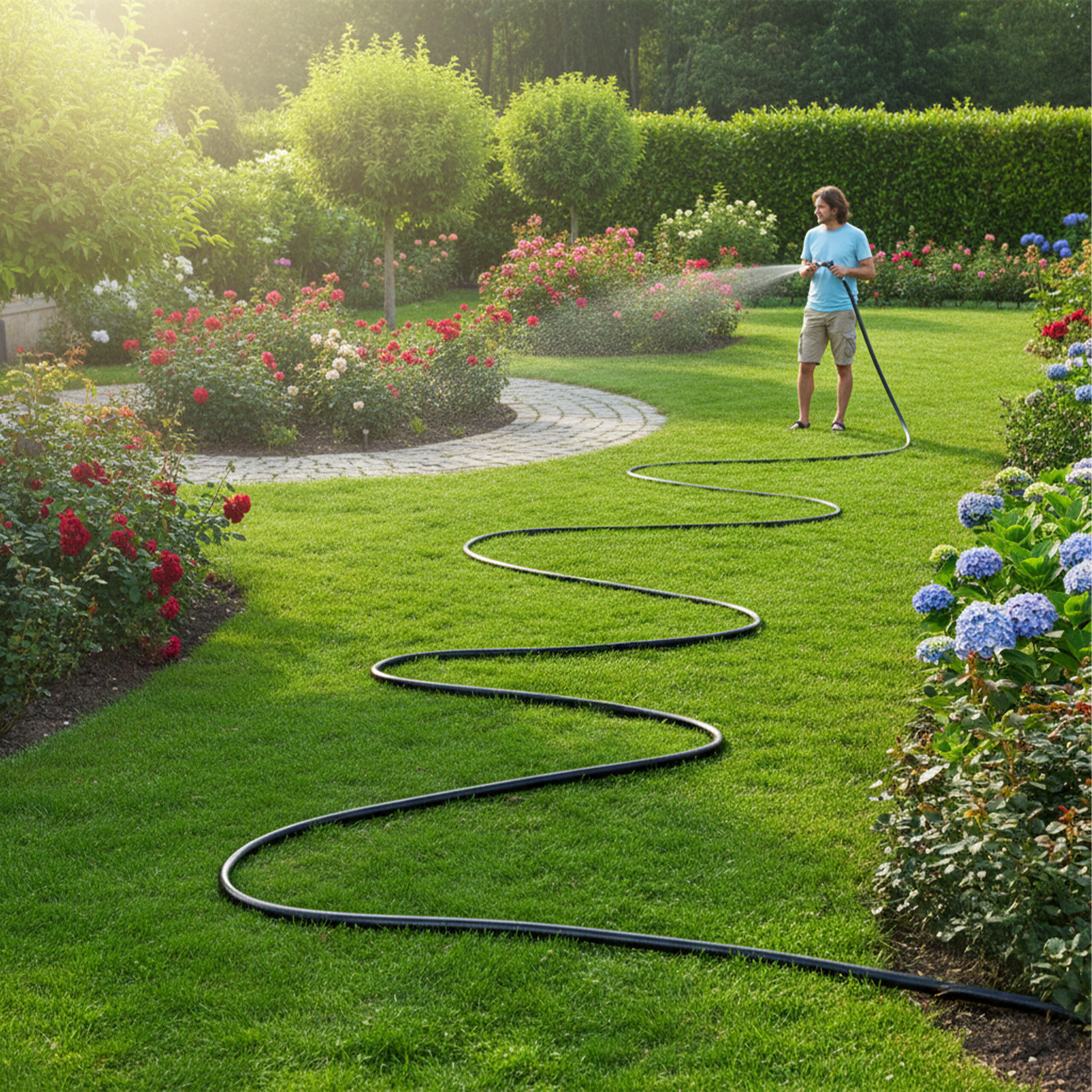 Ein Mann gießt in einem grünen Garten mit bunten Blumen und einem gewundenen Gartenschlauch auf dem Rasen.
