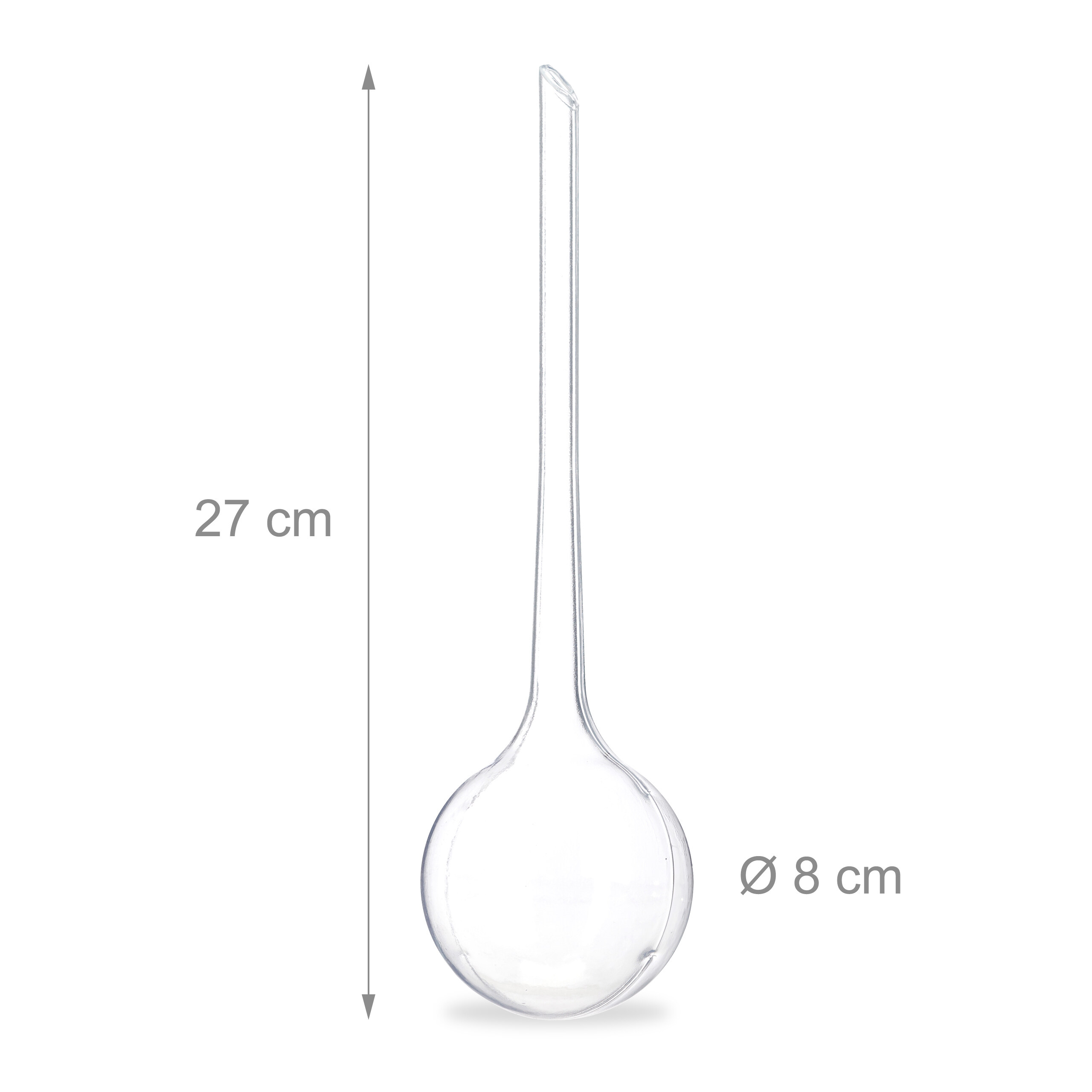 Transparente Glas-Bl Bewässerungskugel mit 27 cm Höhe und 8 cm Durchmesser auf weißem Hintergrund.
