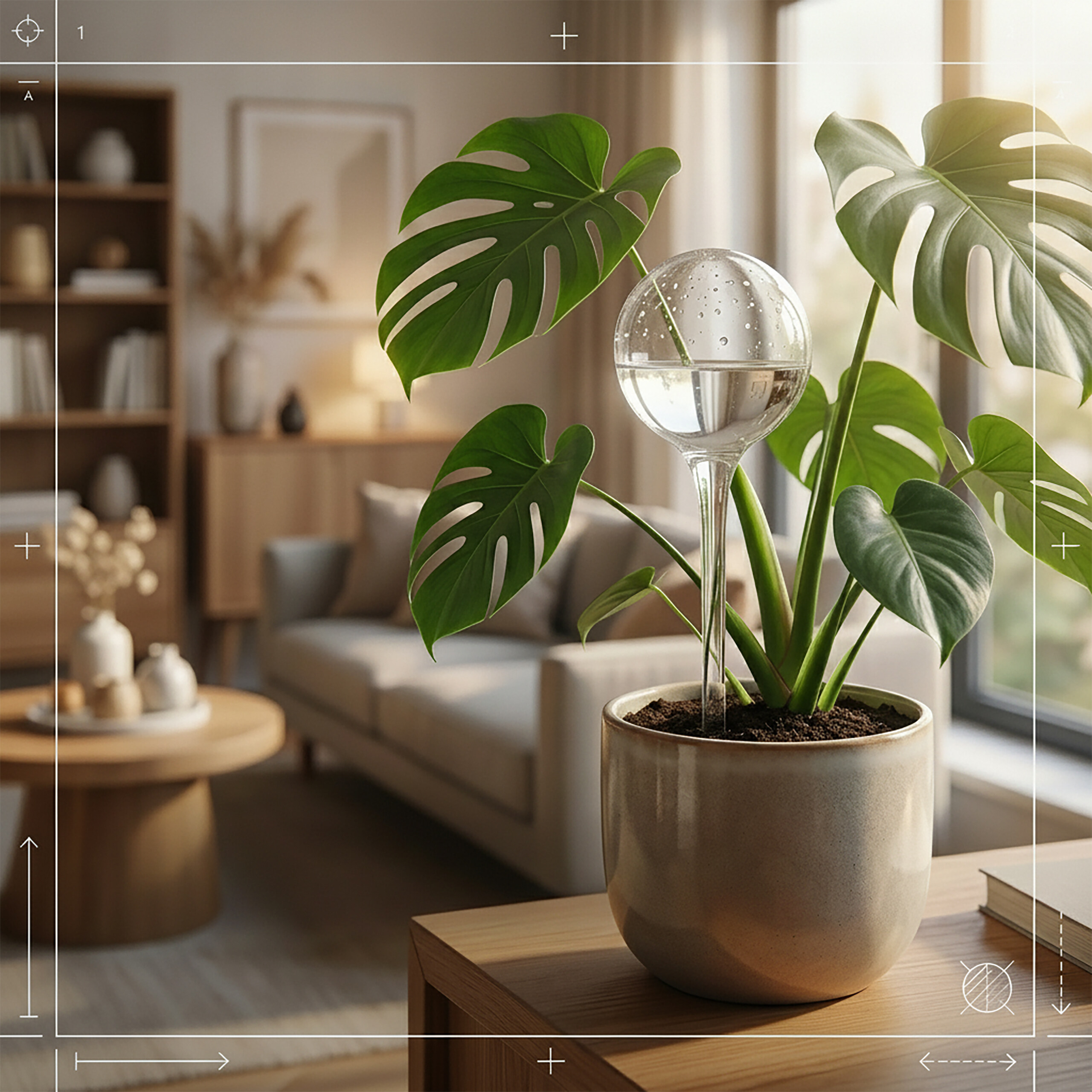 Eine Topf-Monstera-Pflanze mit einer Gießkugel in einem hellen Wohnzimmer.