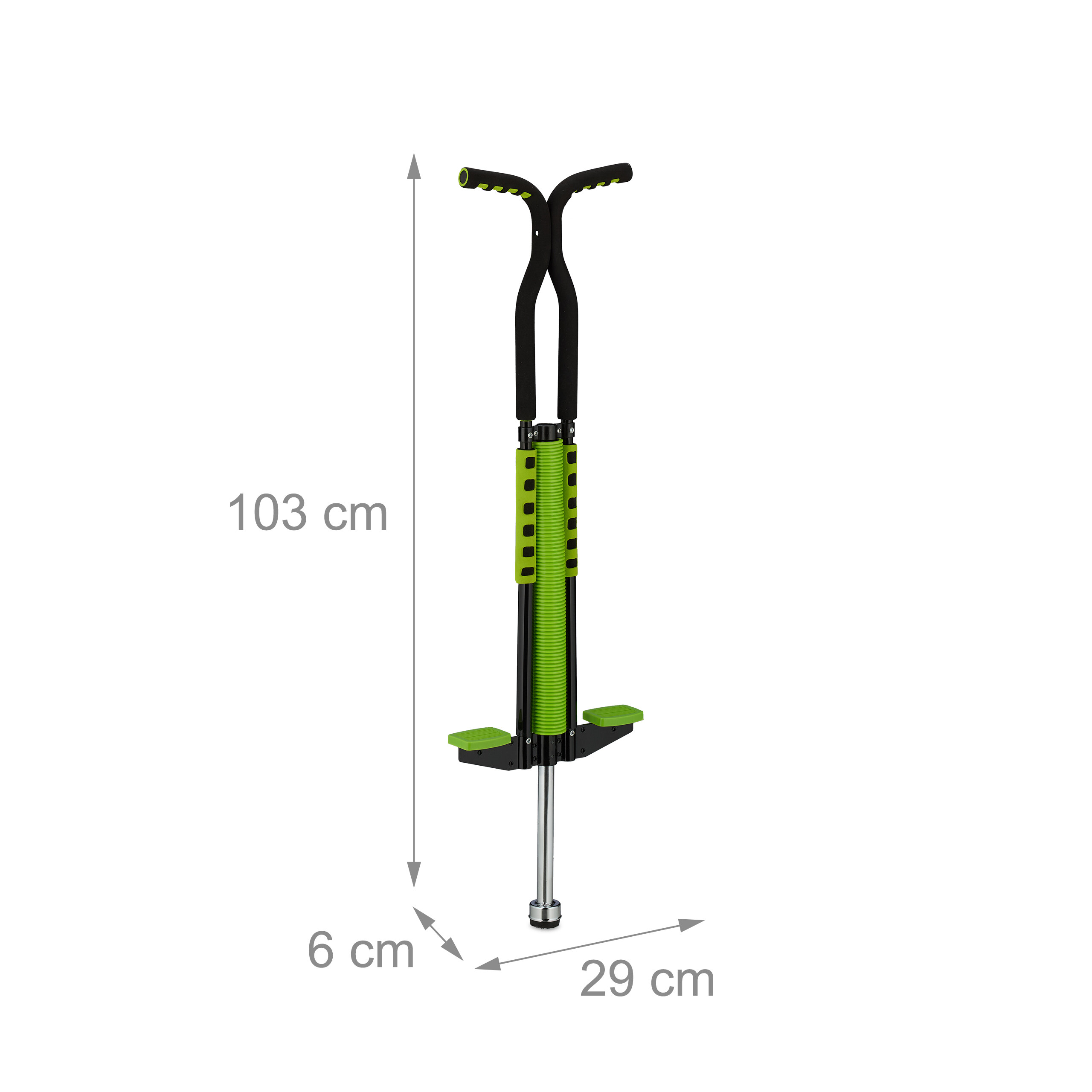 Grün-schwarzer Pogo-Stick mit Abmessungen: 103 cm Höhe, 29 cm Breite, 6 cm Tiefe.