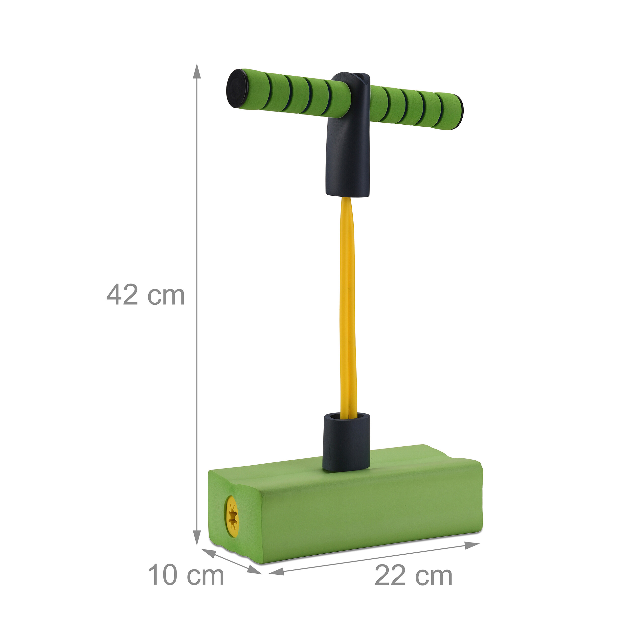 Grüner Pogo-Stick aus Schaumstoff mit Maßen: 42 cm Höhe, 22 cm Länge und 10 cm Breite.