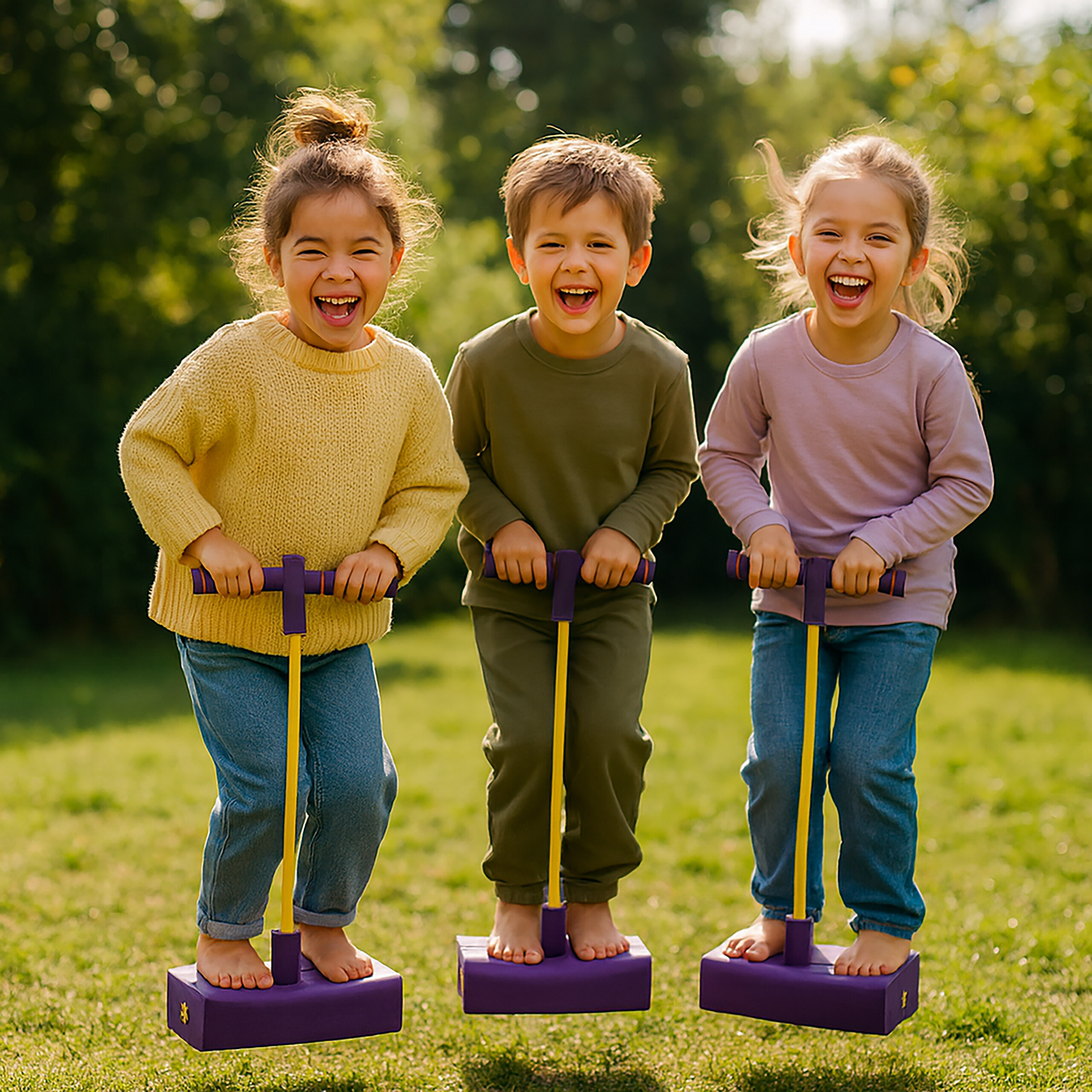 Drei fröhliche Kinder springen auf violetten Pogo-Sticks im Gras.