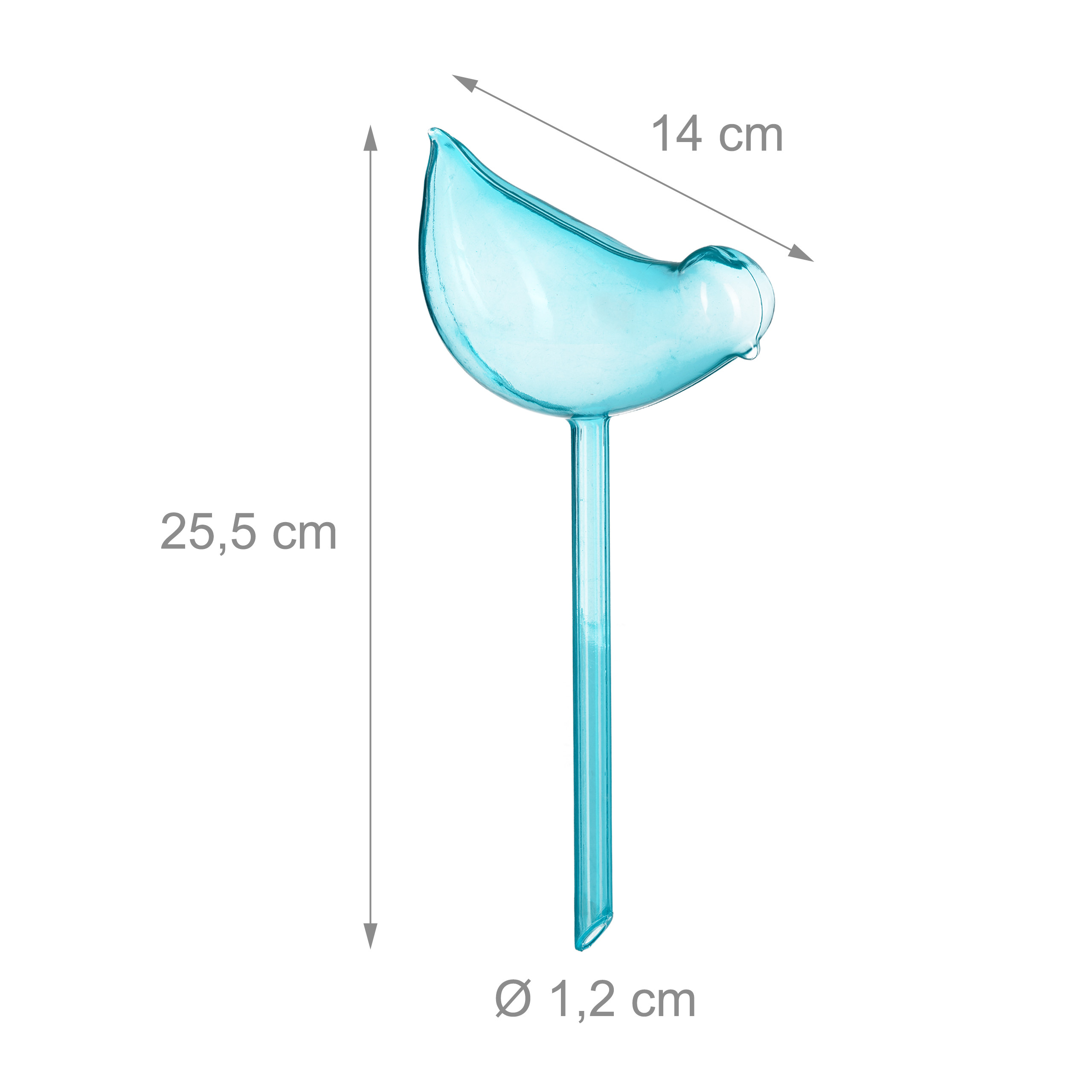 Blaue, vogelformige Bewasserungskugel aus Glas mit Maenagaben.