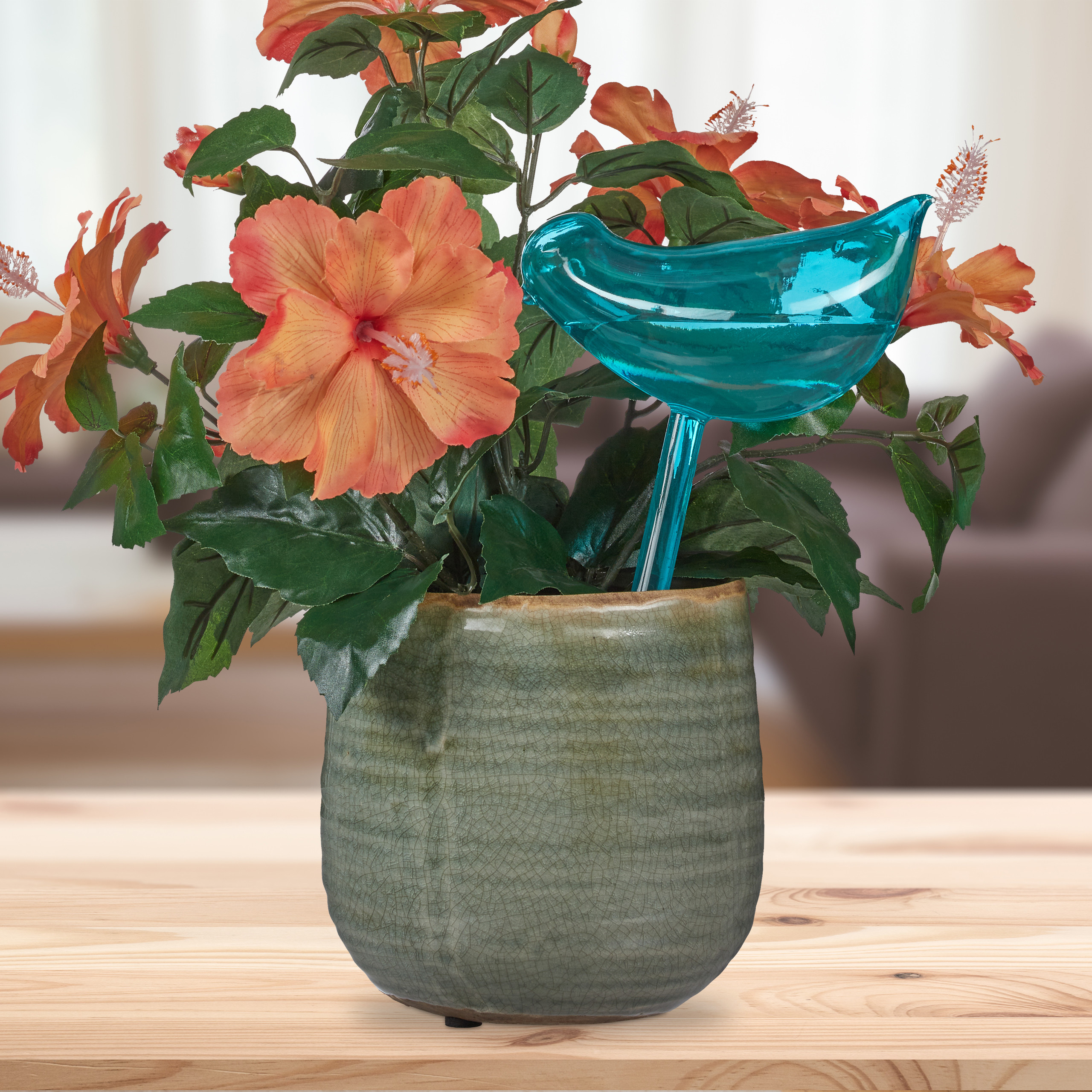 Eine Topfpflanze mit orangefarbenen Blüten und einem blauen vogelartigen Gießstab auf einem Holztisch.