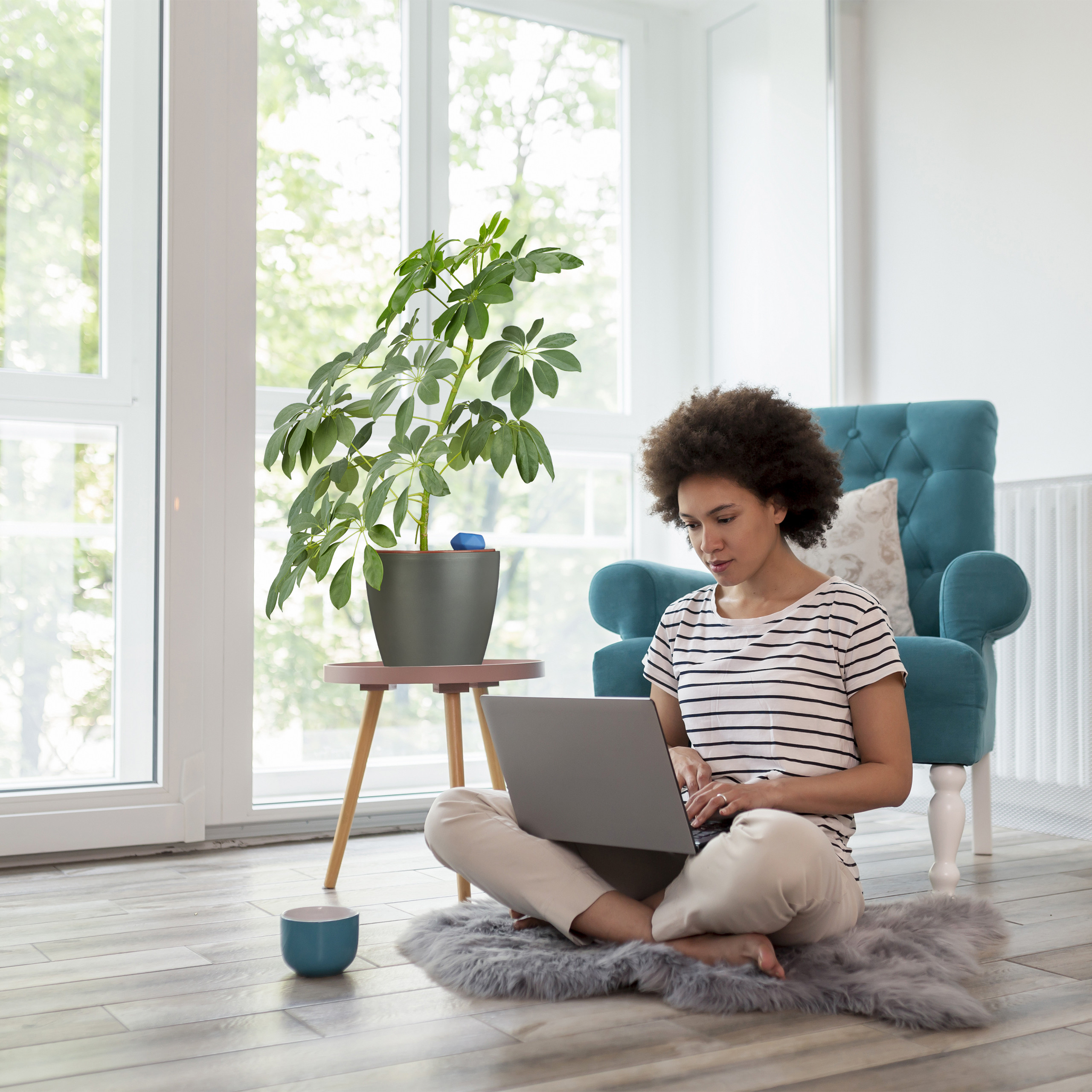 Frau mit Afro sitzt auf grauem Teppich und tippt auf Laptop im hellen Zimmer.