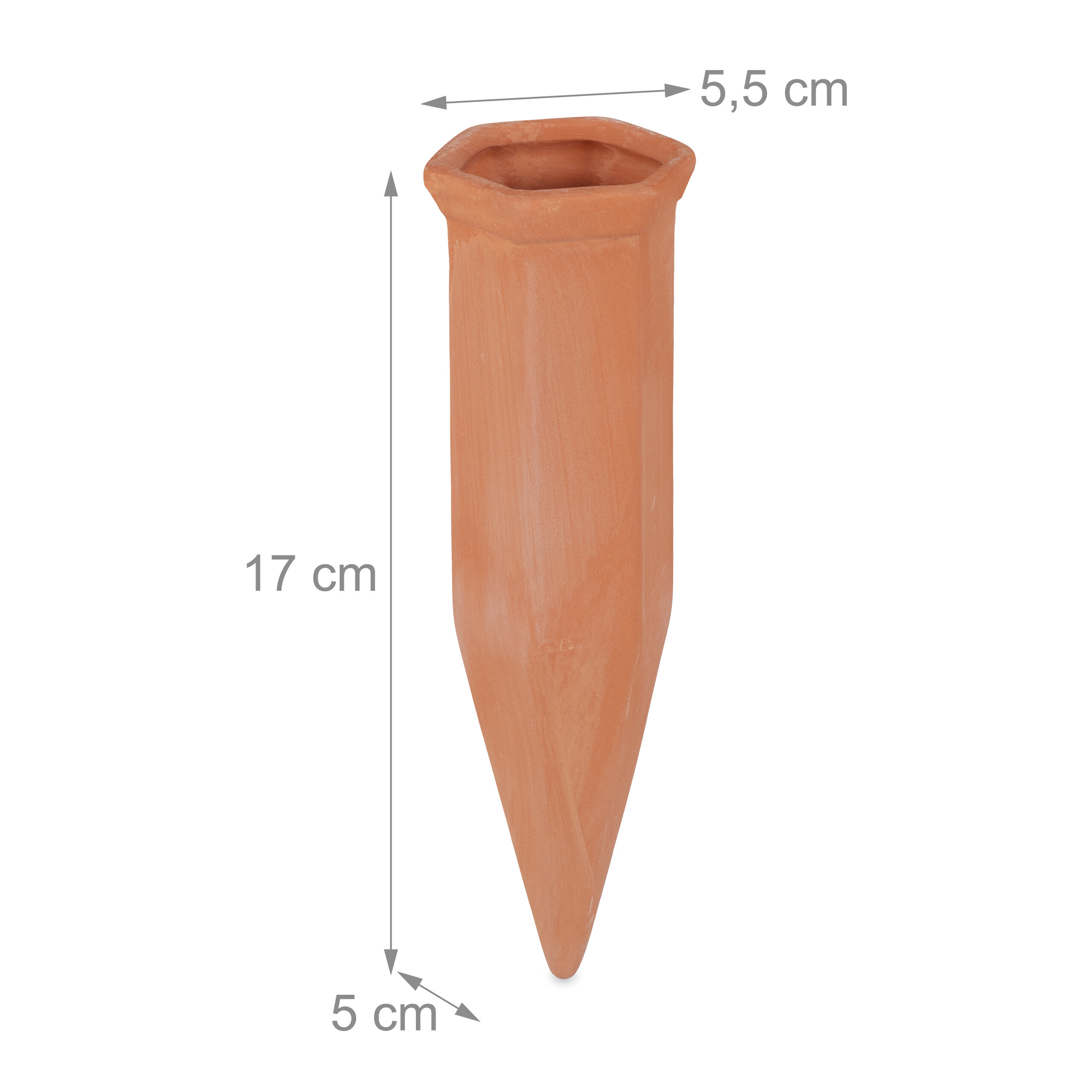 Terrakotta-Wasserspender mit Maßen: 17 cm Höhe, 5,5 cm Breite oben und 5 cm Breite unten vor weißem Hintergrund.