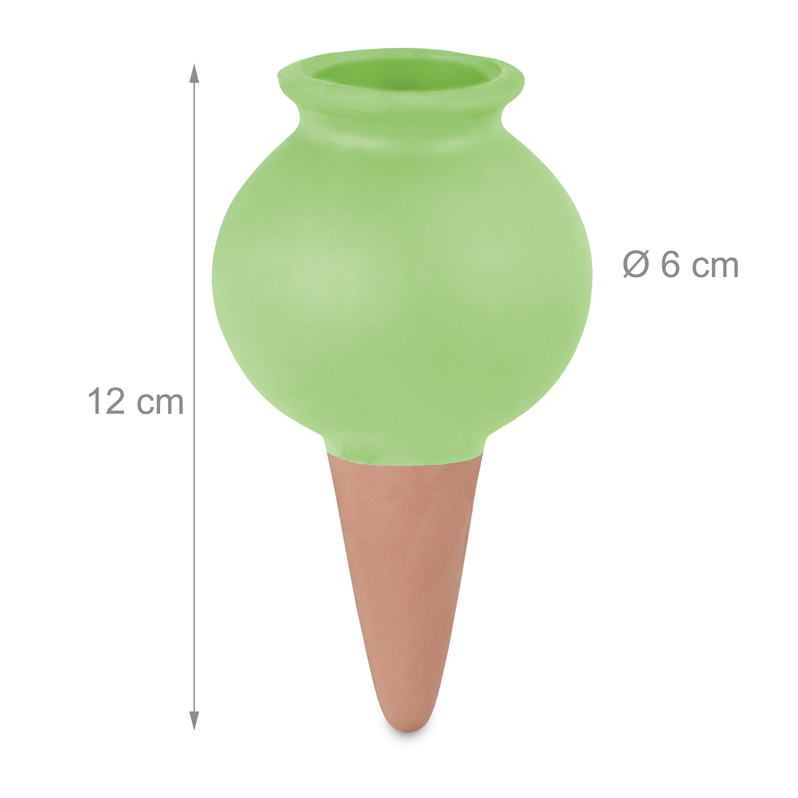 Gruener Bewwaesserungskegel aus Ton mit 12 cm Hoehe und 6 cm Durchmesser.