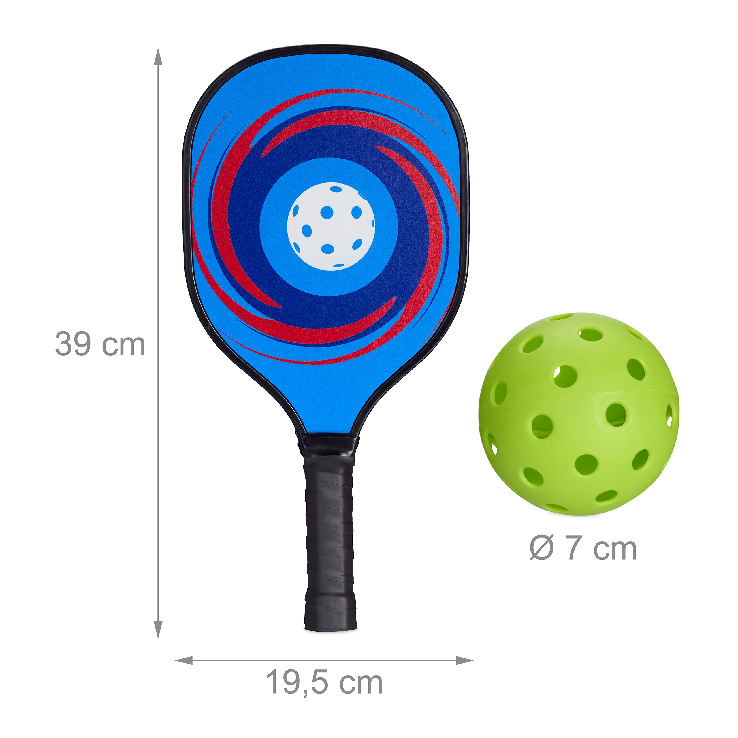 Ein blauer Beach-Tennis-Schläger mit rotem Spiralmuster (39x19,5 cm) und ein gelber Lochball (7 cm).