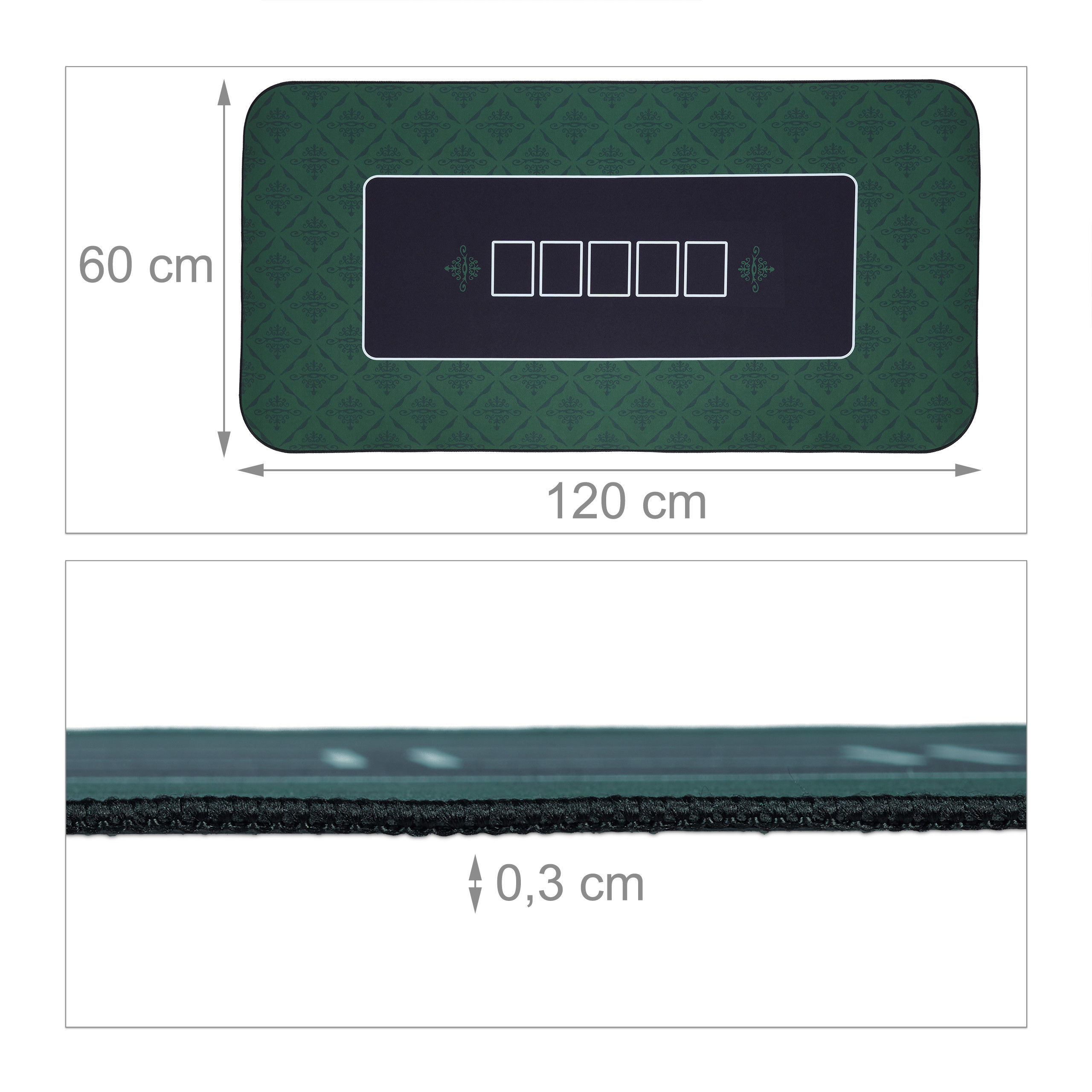 Grüne rechteckige Spielmatte mit Maßen von 120x60 cm und einer Dicke von 0,3 cm.