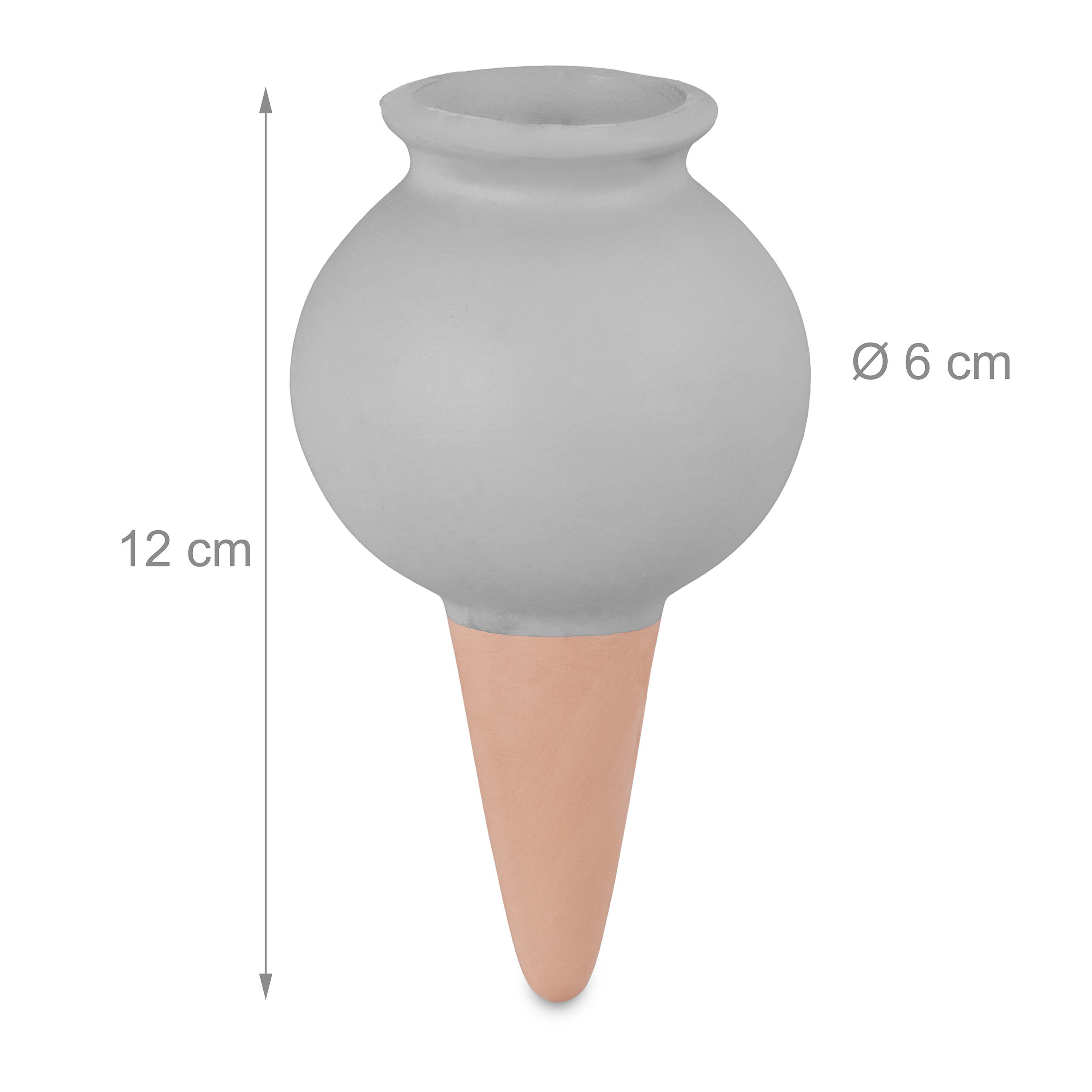 Grauer Wasserspender mit braunem Tonkegel, 12 cm Höhe und 6 cm Durchmesser auf weißem Hintergrund.