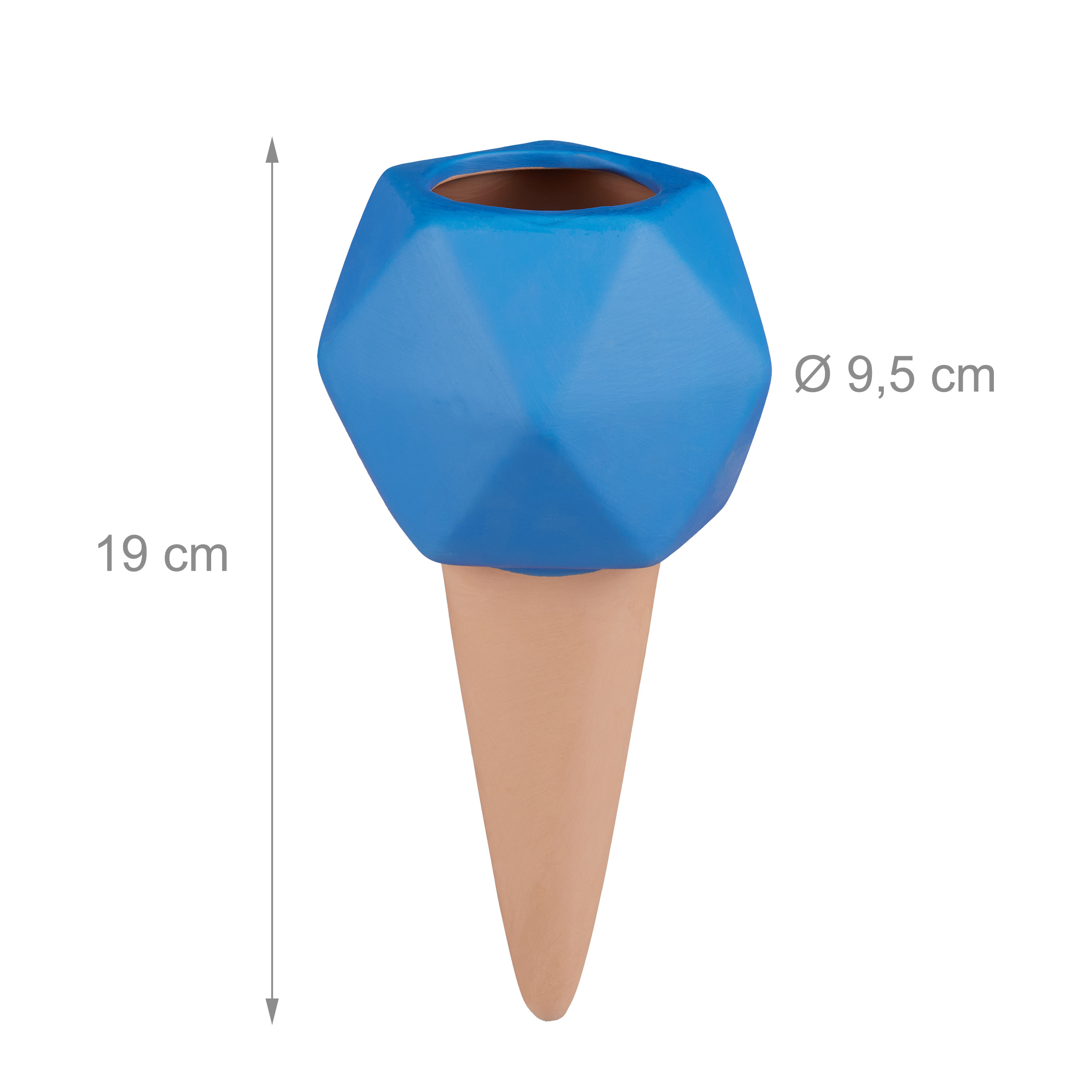 Eine blaue kegelförmige Pflanzhilfe aus Ton, Höhe 19 cm, Durchmesser 9,5 cm.