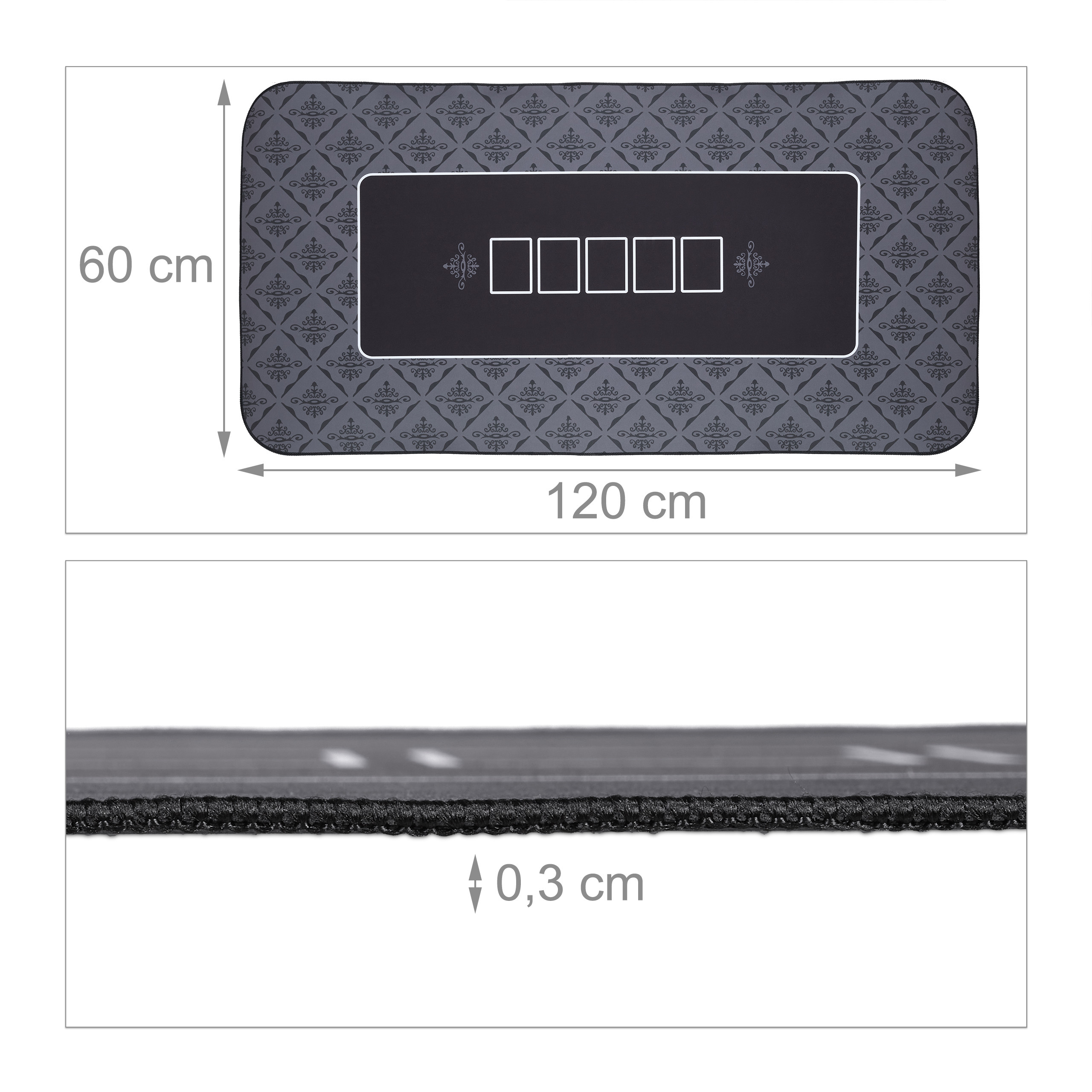 Eine rechteckige graue Matte mit den Maßen 120 x 60 cm und einer Dicke von 0,3 cm.