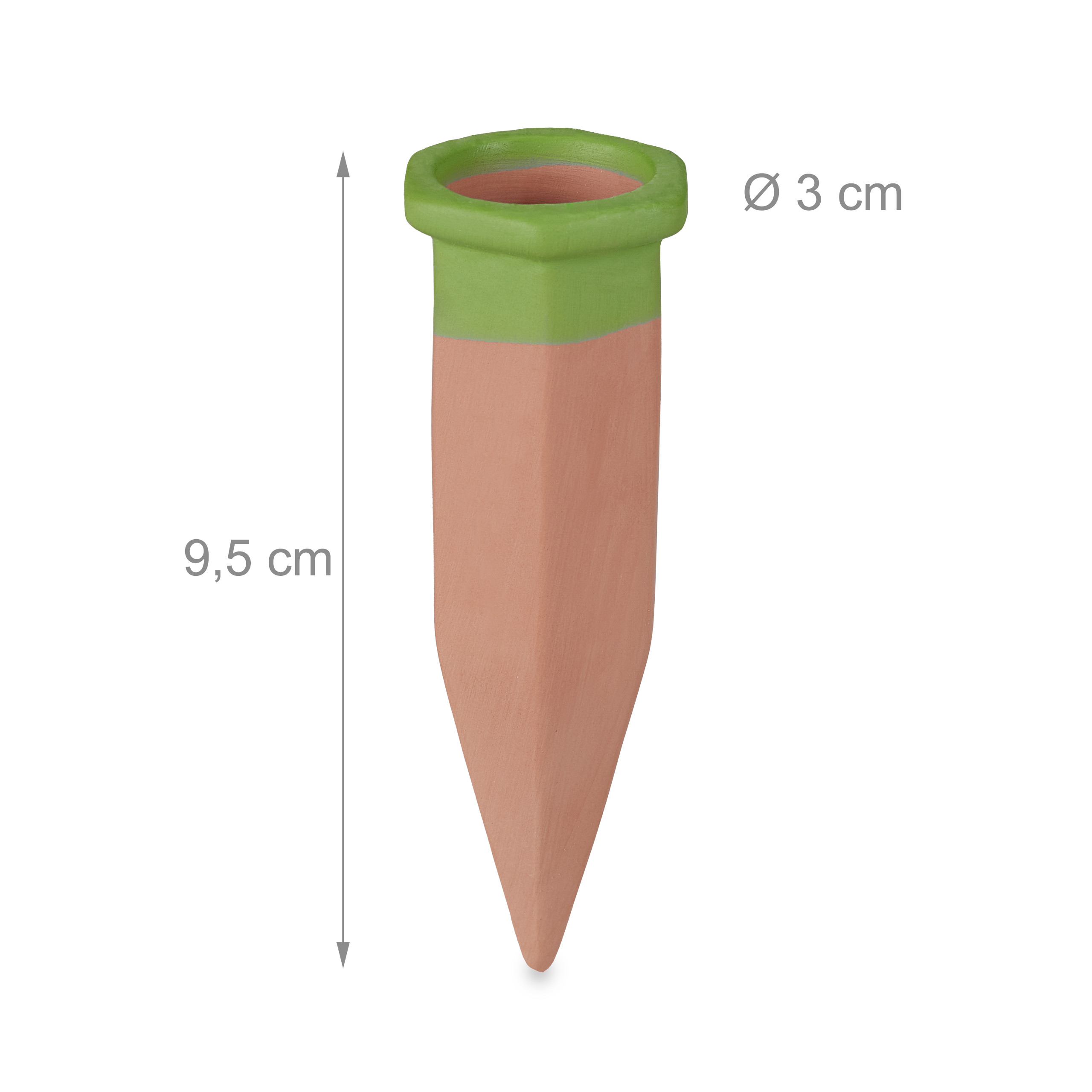Ein terracottafarbener Pflanzbewässerer mit grünem Rand, 9,5 cm lang, 3 cm Durchmesser.
