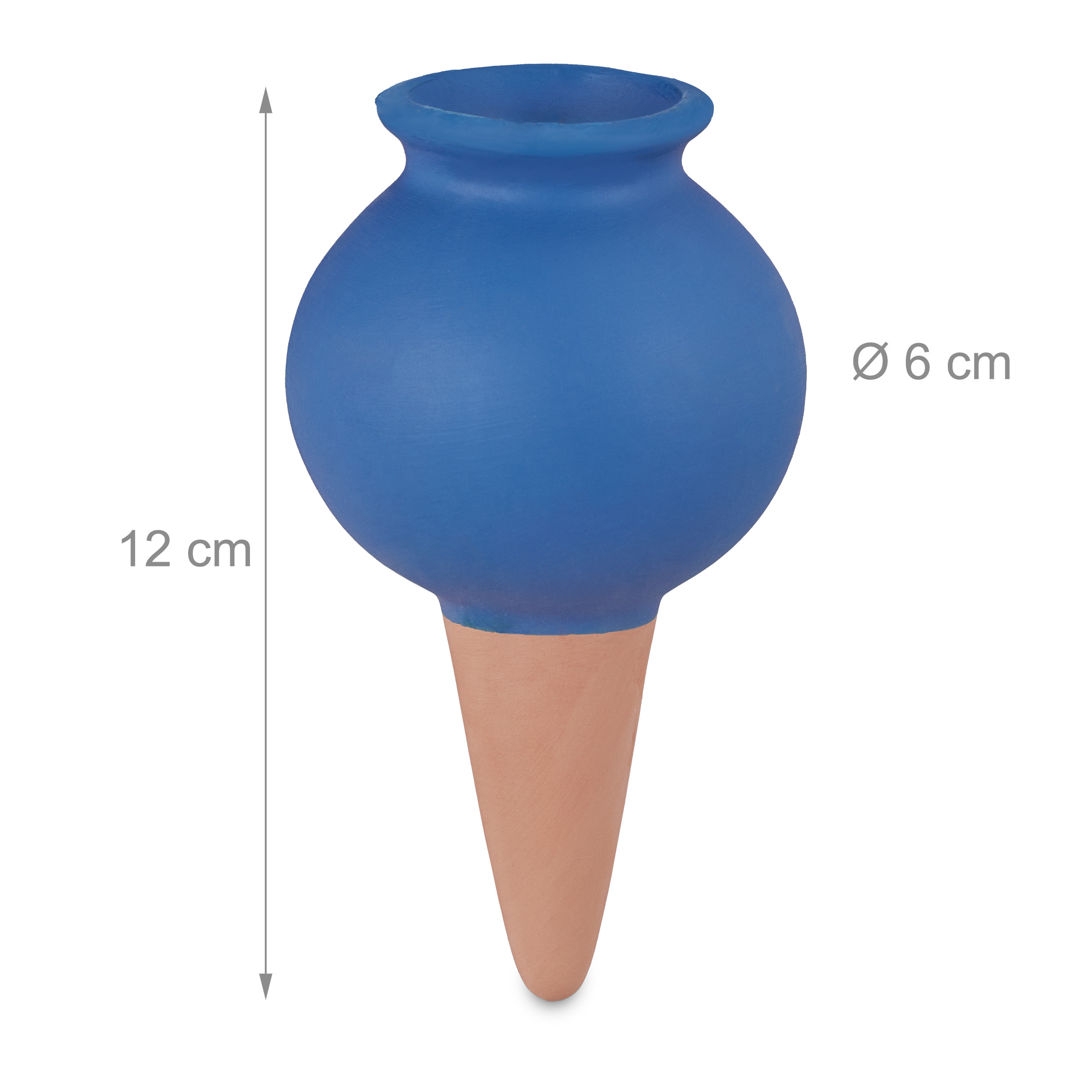 Ein blauer Ton-Wasserspender für Pflanzen mit 12 cm Höhe und 6 cm Durchmesser auf weißem Hintergrund.