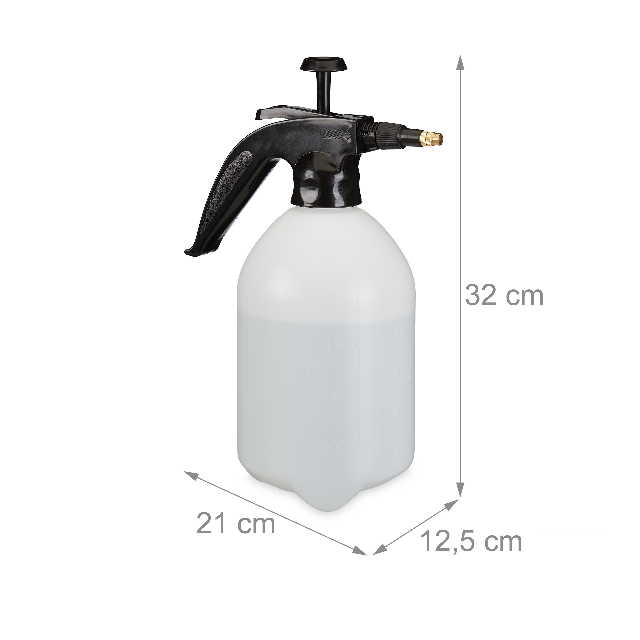 Weiß-schwarzer Pumpsprüher mit Maßen 32x21x12,5 cm auf weißem Hintergrund.