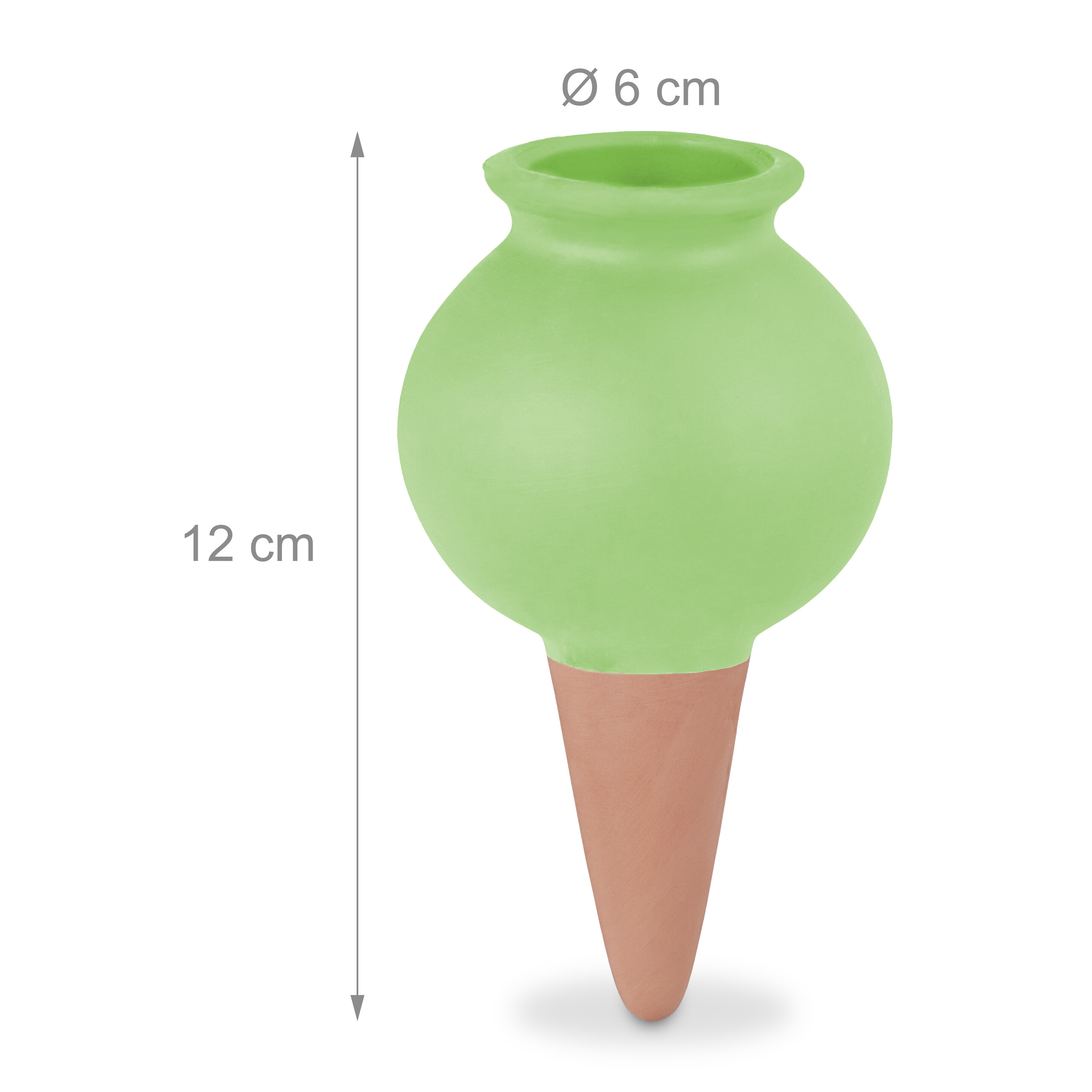 Grüner Bewässerungskegel aus Ton mit 12 cm Höhe und 6 cm Durchmesser auf weißem Hintergrund.