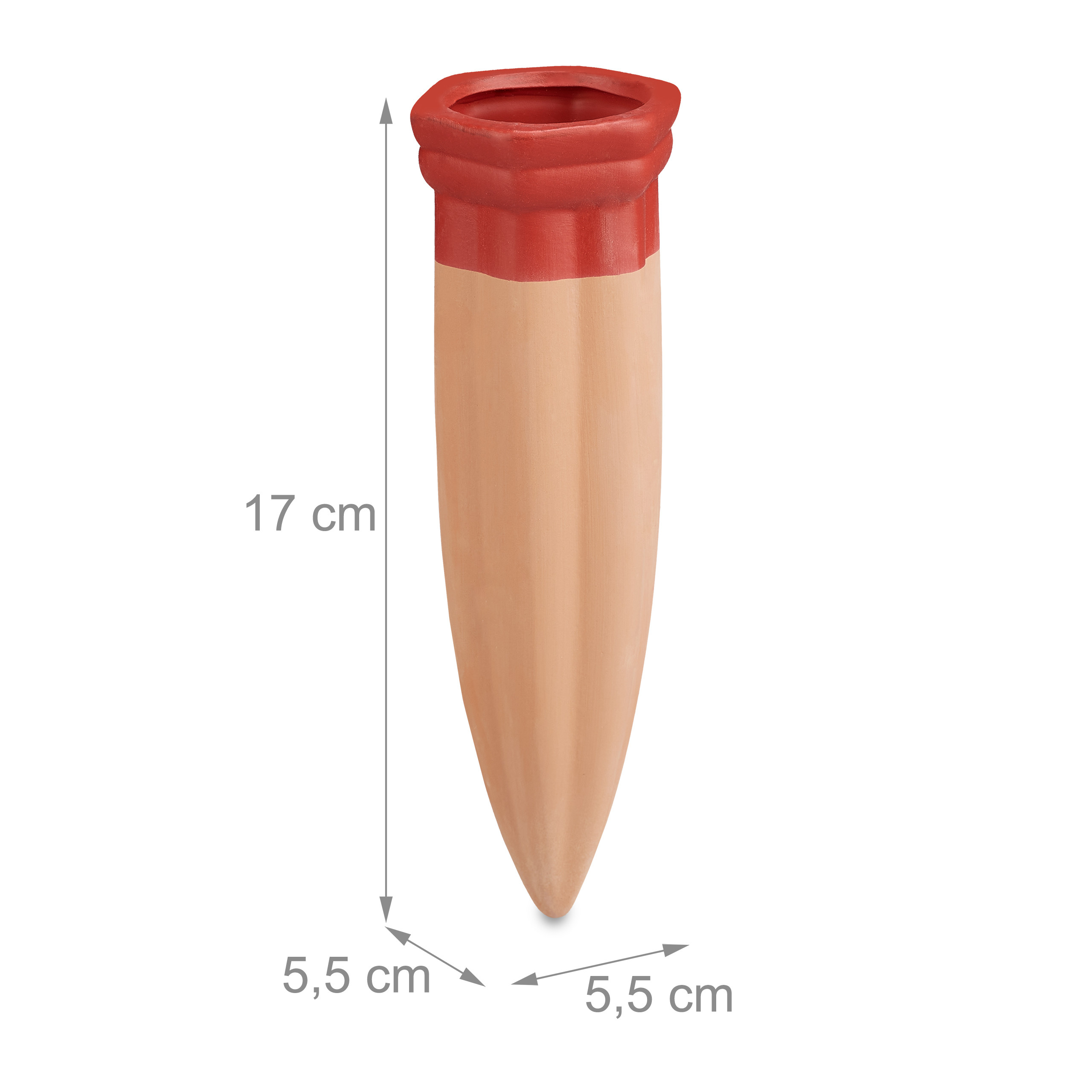 Ein Terrakotta-Pflanzenbewässerungsstab mit rotem Kopf, 17 cm hoch und 5,5 cm breit, auf weißem Grund.