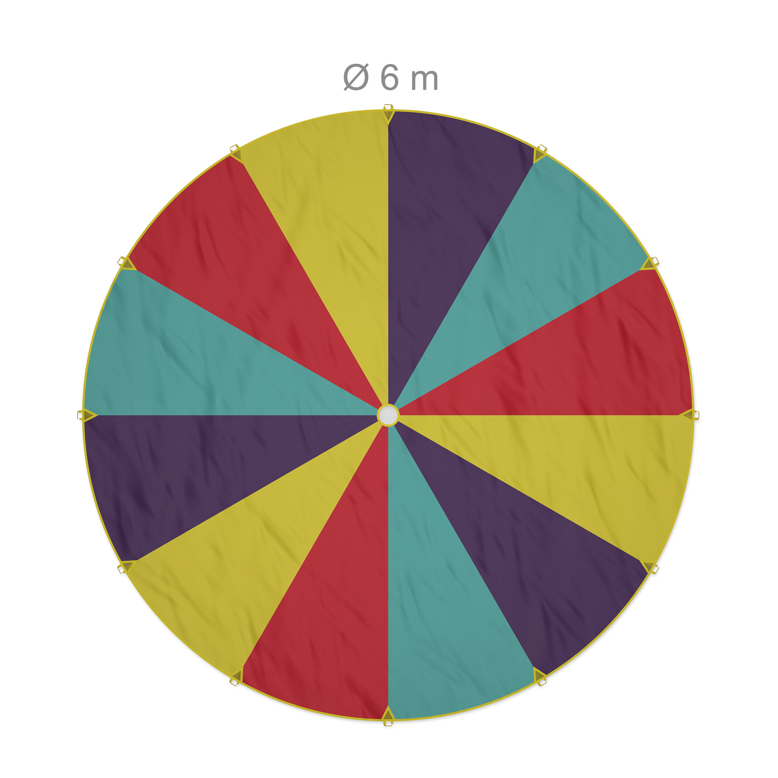 Ein kreisrundes, mehrfarbiges Segel mit gelben, roten, blauen und violetten Segmenten und einem Durchmesser von sechs Metern.