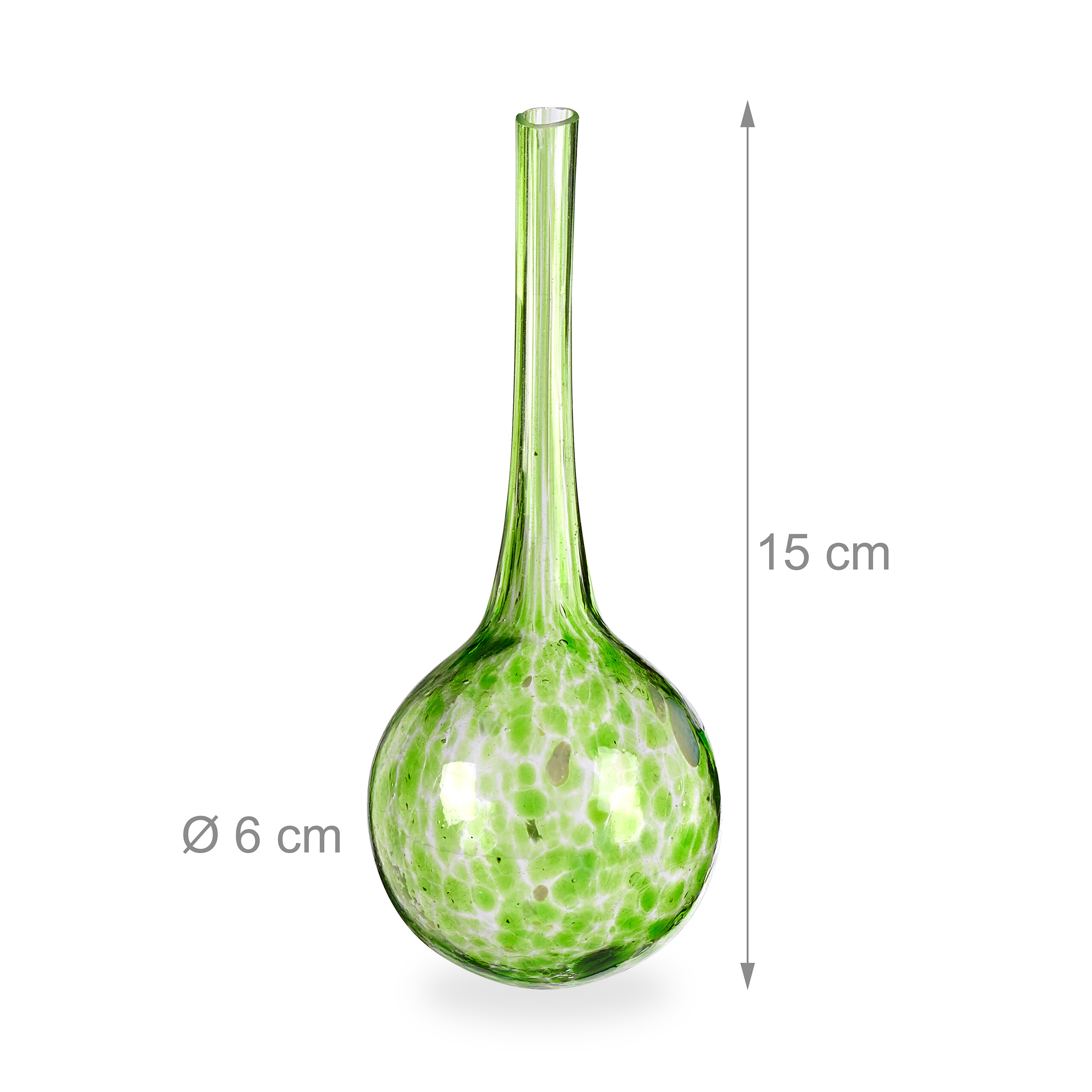Eine grüne, fleckige Glasvase mit einer Höhe von 15 cm und einem Durchmesser von 6 cm.