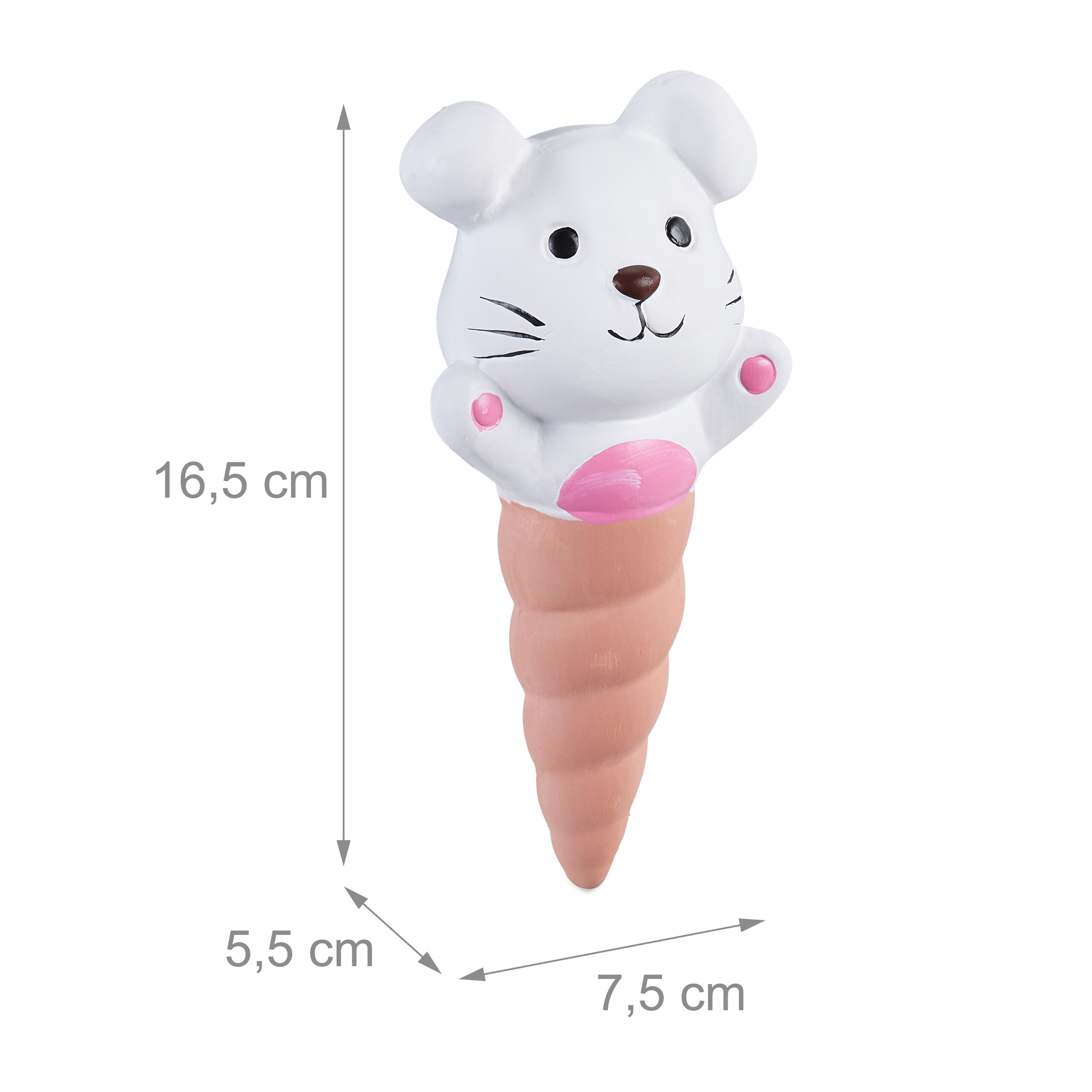Weißes mausförmiges Eis am Stiel mit rosa Details und Maßangaben.