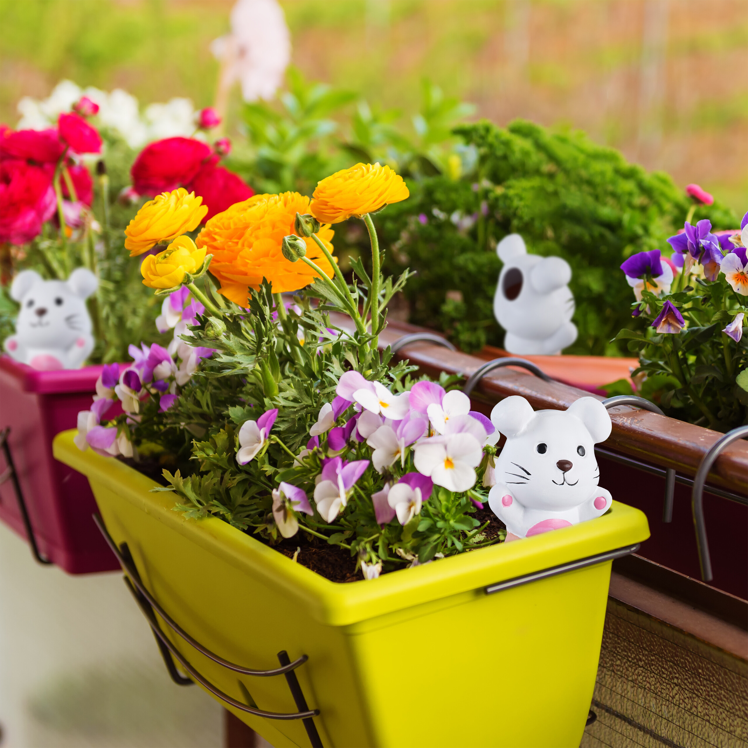 Gelbe Ranunkeln und weiße Stiefmütterchen in einem hellgrünen Blumenkasten, verziert mit einer kleinen weißen Mäusefigur.