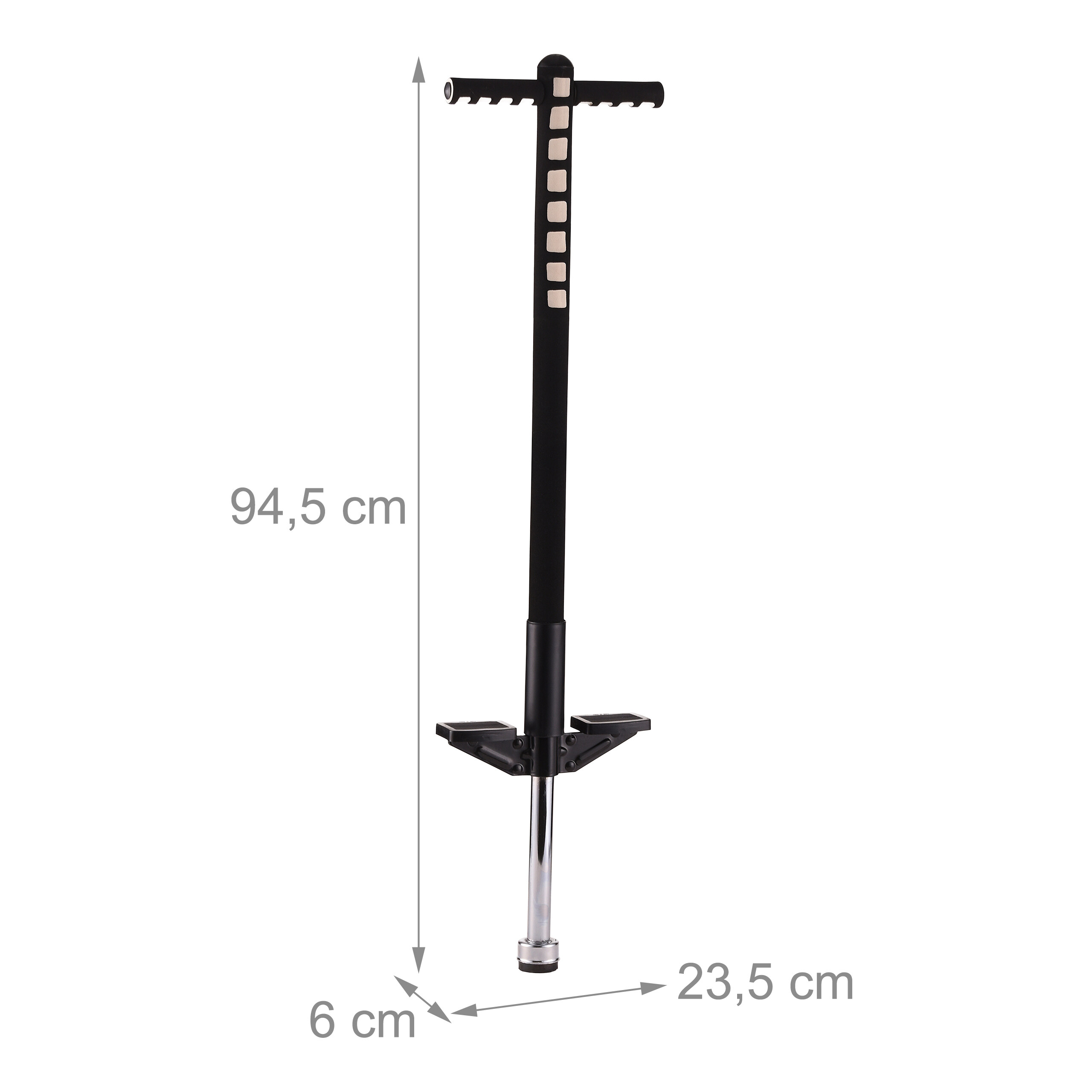 Ein Pogo-Stick mit Abmessungen von 94,5 cm Höhe, 23,5 cm Breite und 6 cm Tiefe.