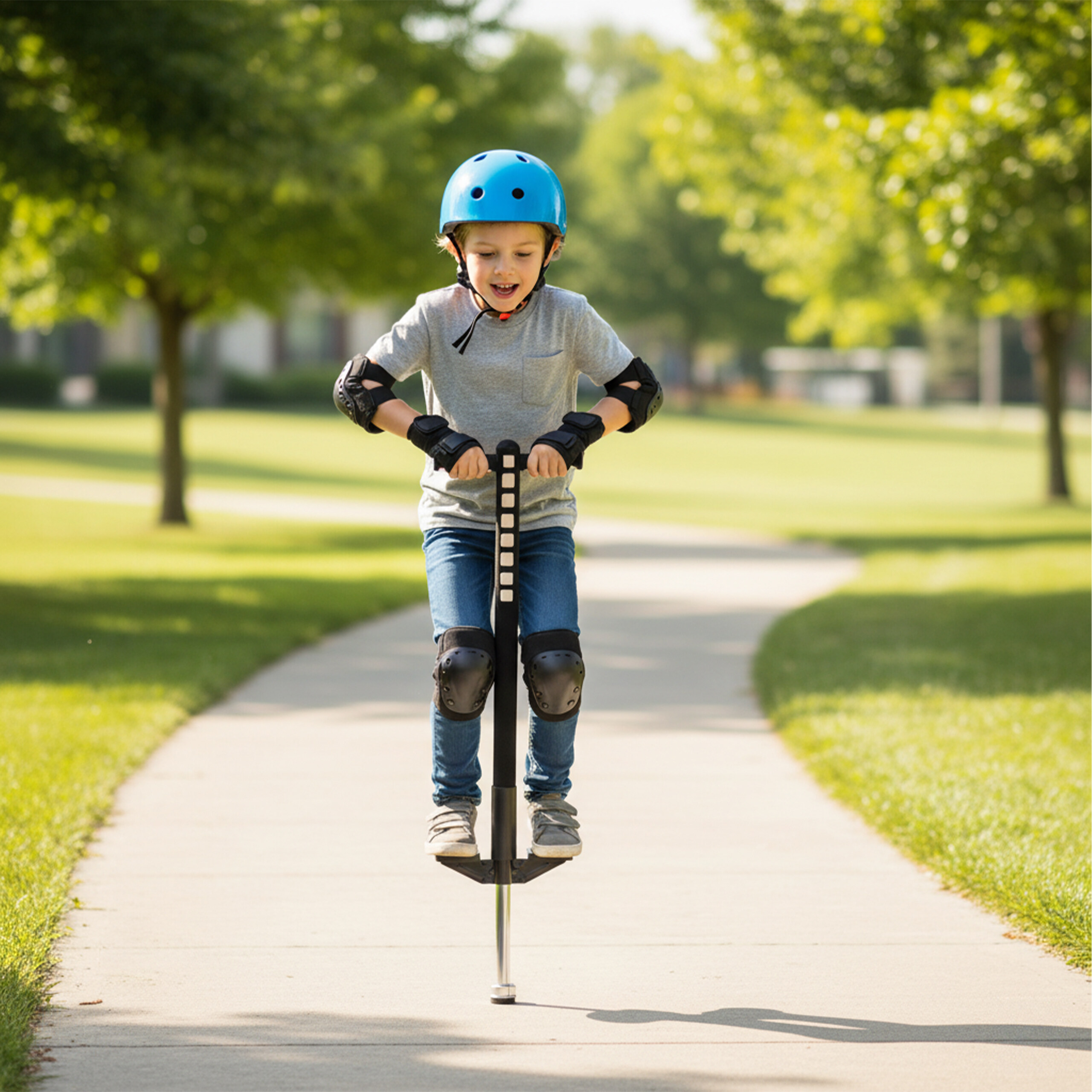Ein Junge mit Helm und Schutzkleidung hüpft auf einem Pogo-Stick auf einem Weg im Park.