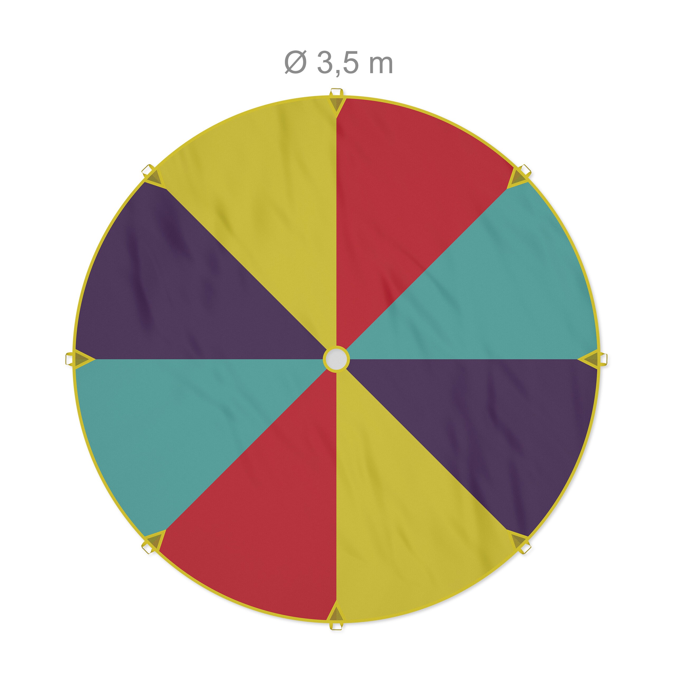 Ein bunter 3,5 m runder Fallschirm mit roten, blauen, gelben und dunkellila dreieckigen Feldern.