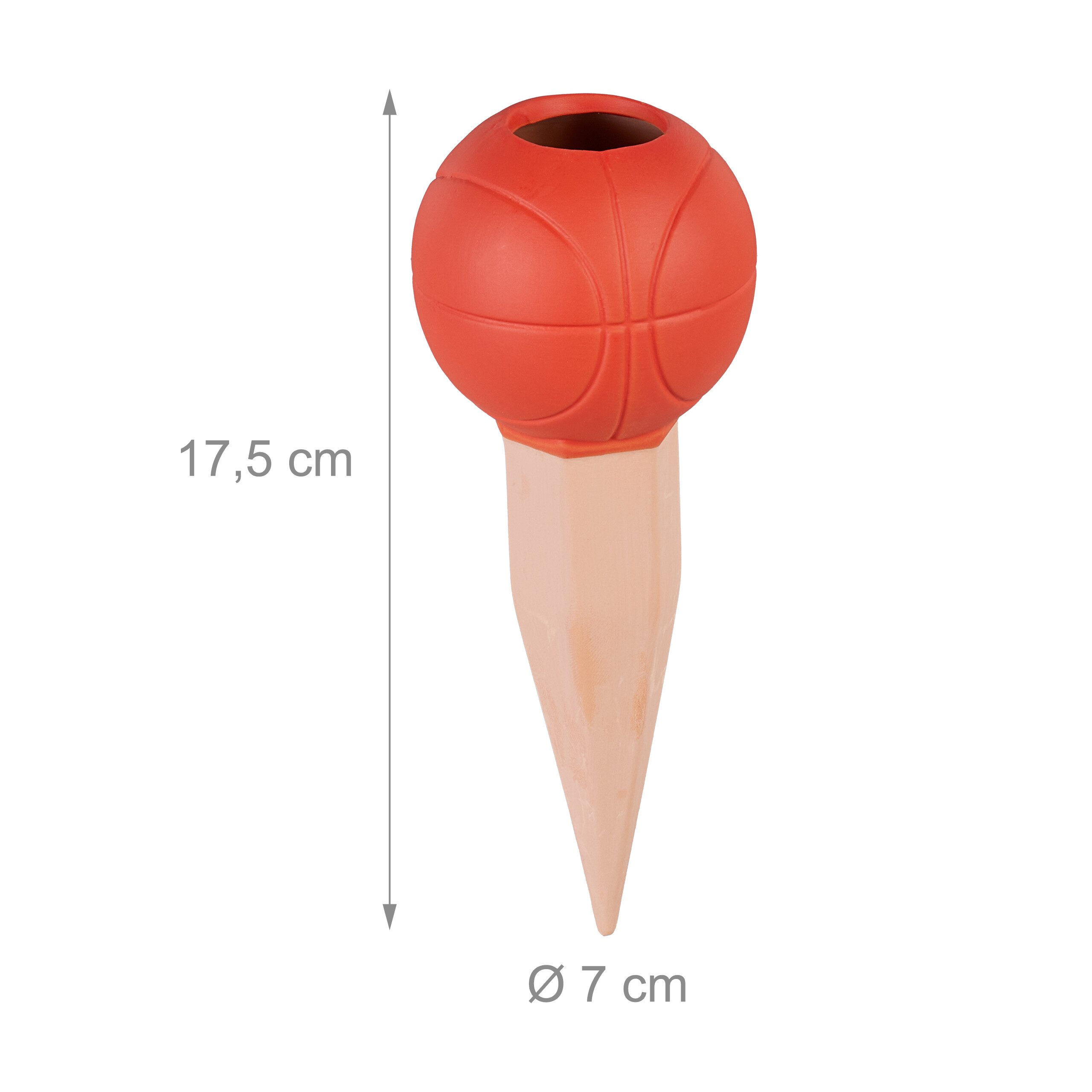 Ton-Bewässerungskugel als Basketball geformt, 17,5 cm hoch, mit Maßangaben auf weißem Hintergrund.