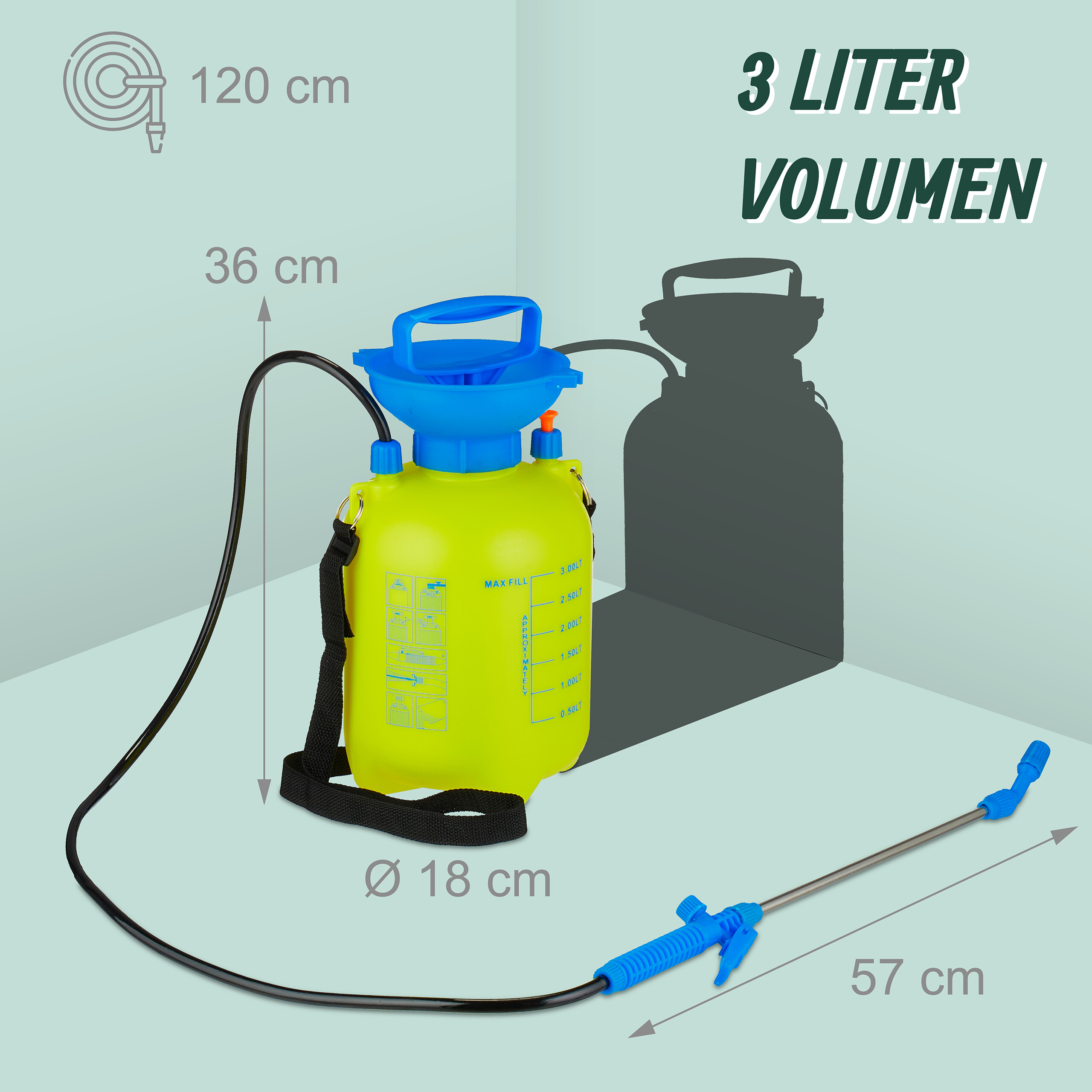 Gelber 3-Liter-Pflanzensprüher mit blauen Details, schwarzem Schlauch und Metall-Sprührohr auf hellem Hintergrund.