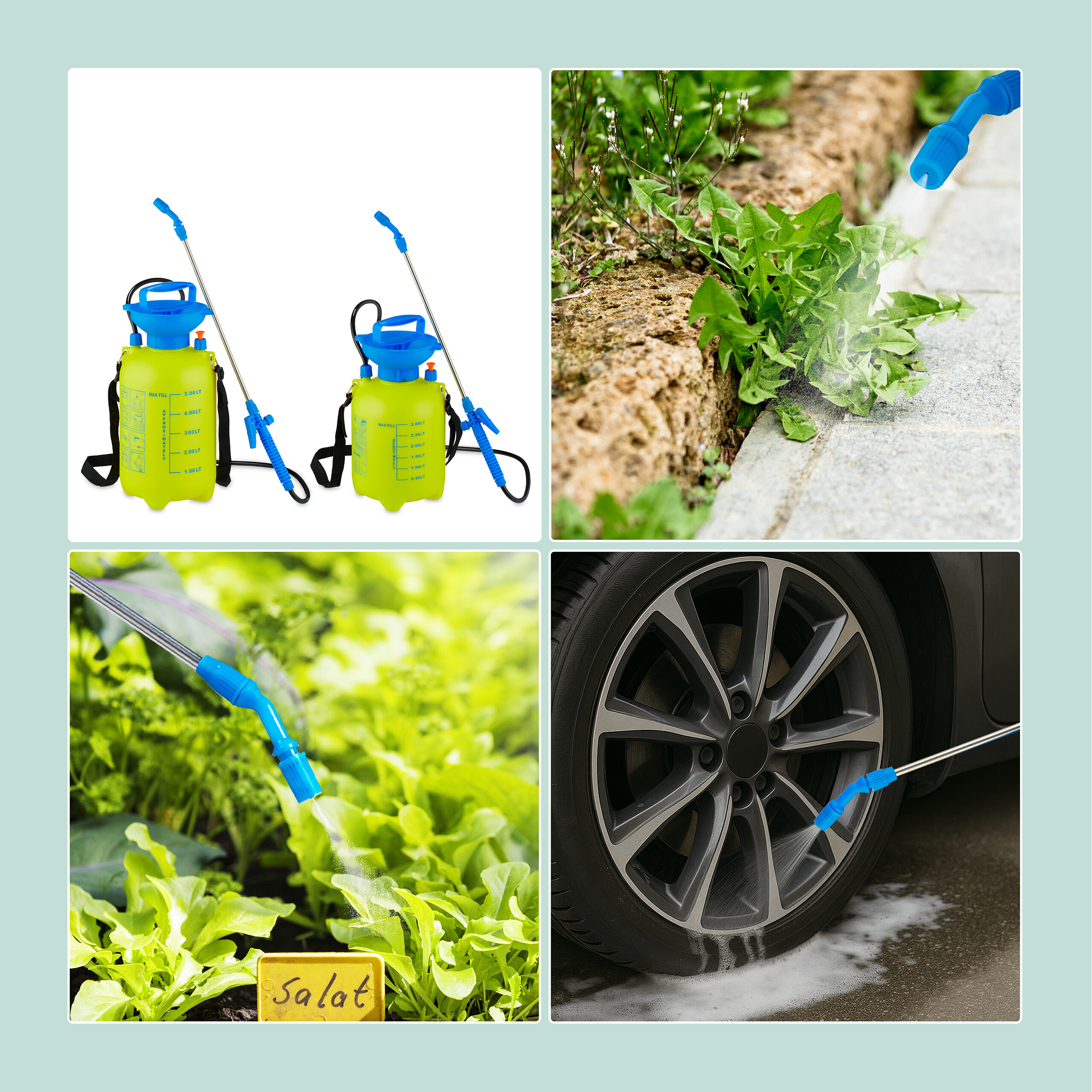 Zwei grüne Drucksprühgeräte und ihre Anwendungen im Garten und am Auto.