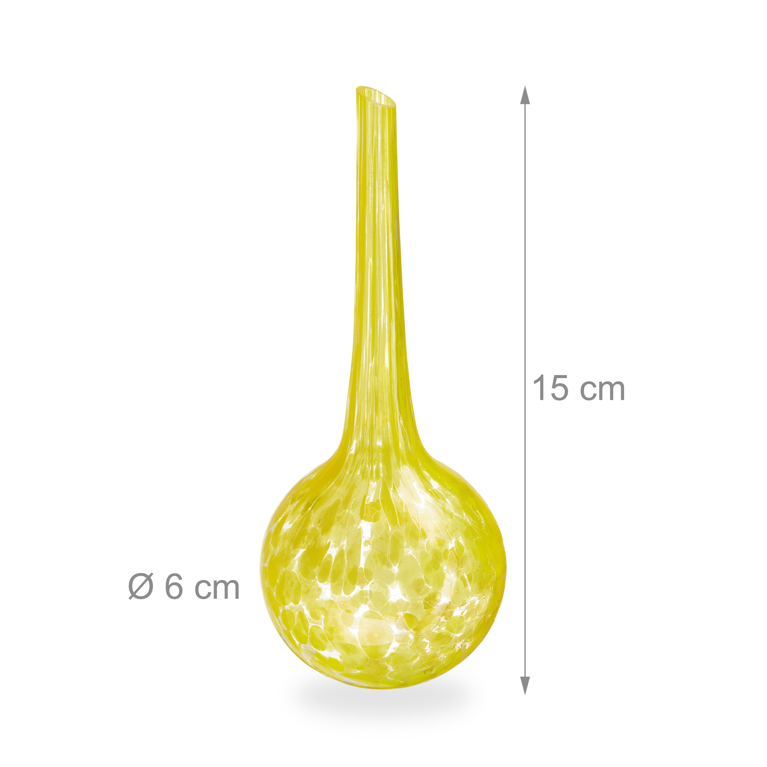 Gelbe Glasvase, 15 cm hoch, mit 6 cm Durchmesser.