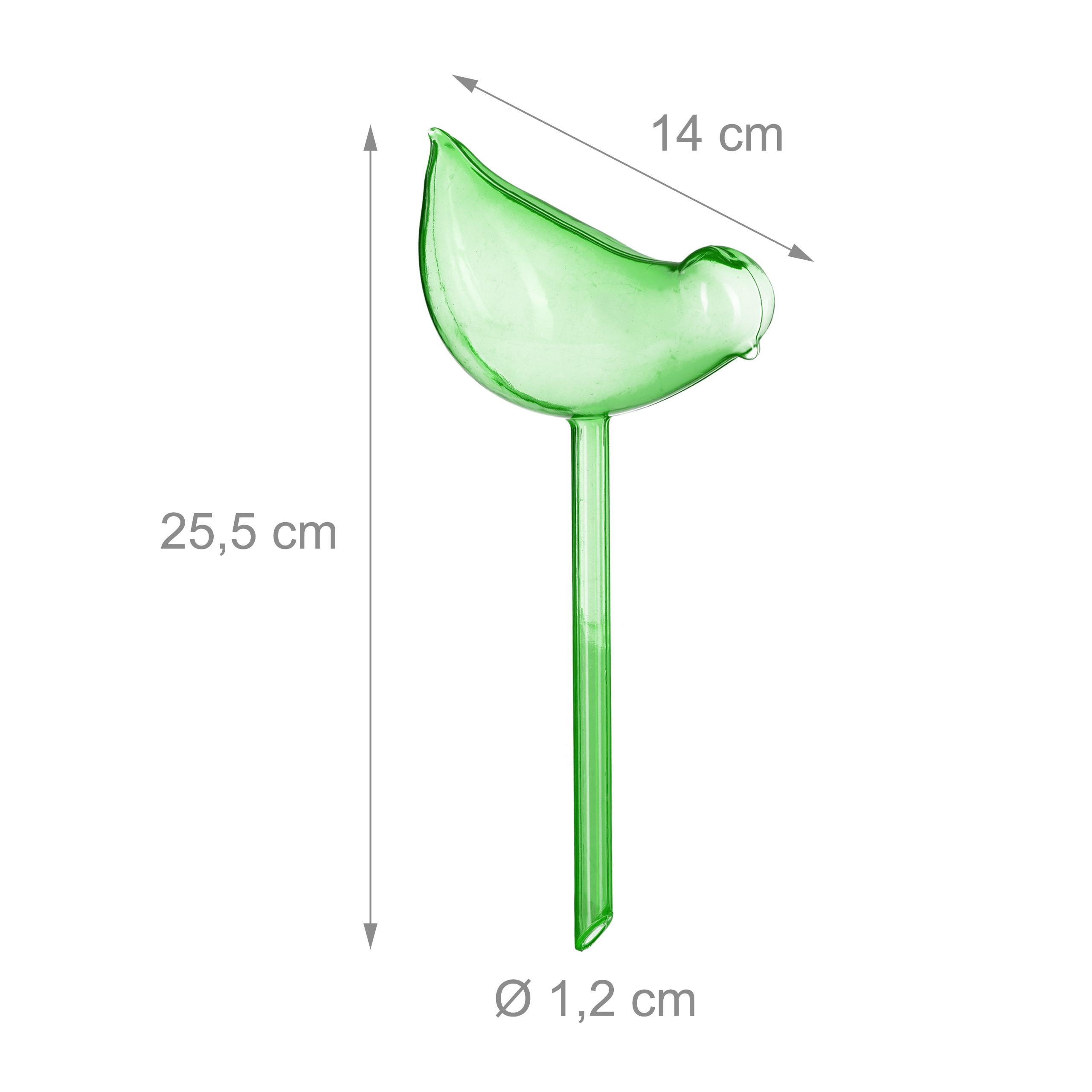Grüner, vogelgörmiger Bewässerer aus Glas mit 25,5 cm Höhe und 14 cm Länge auf weißem Grund.
