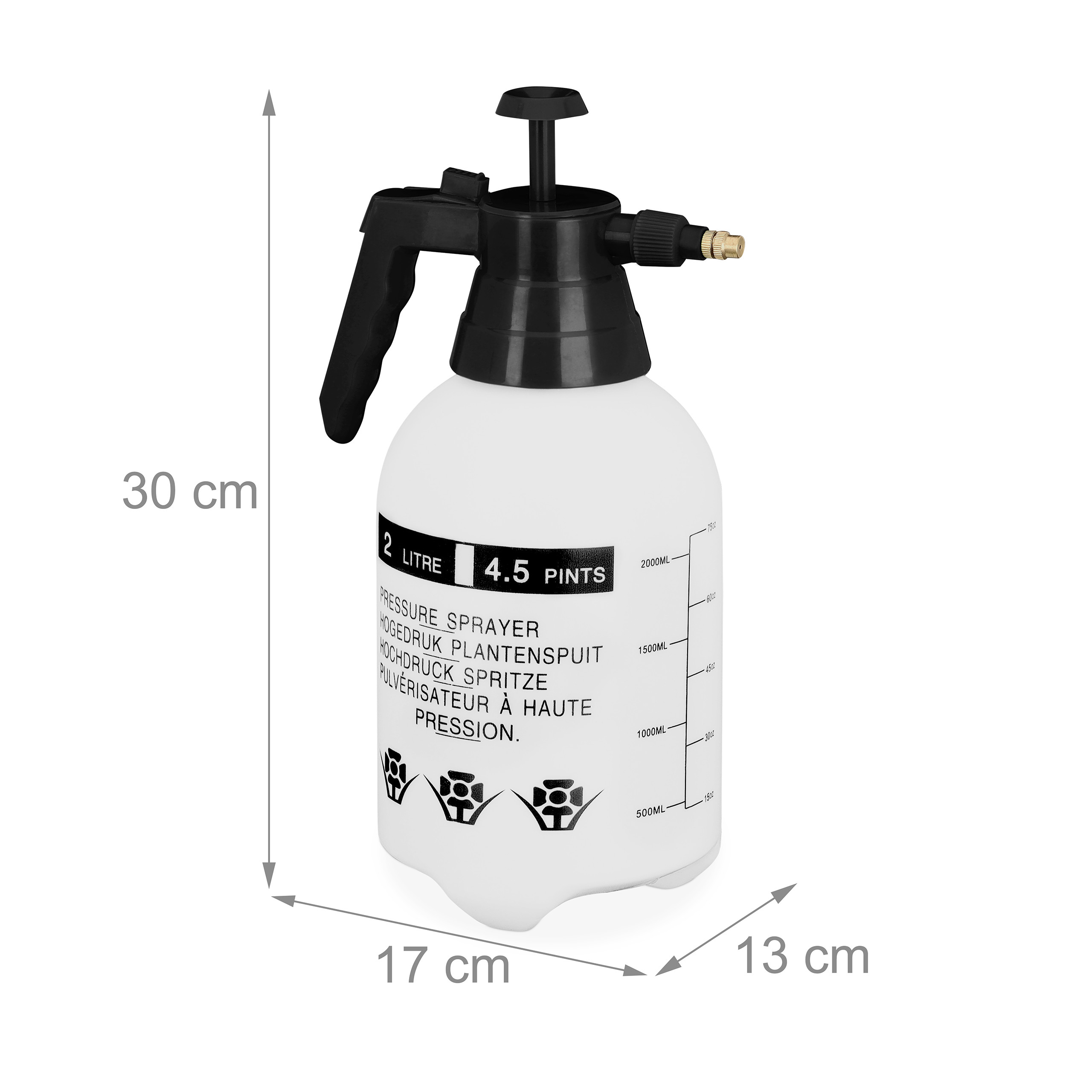 Weißer 2-Liter-Drucksprüher mit schwarzer Pumpe und Maßangaben in Zentimetern.