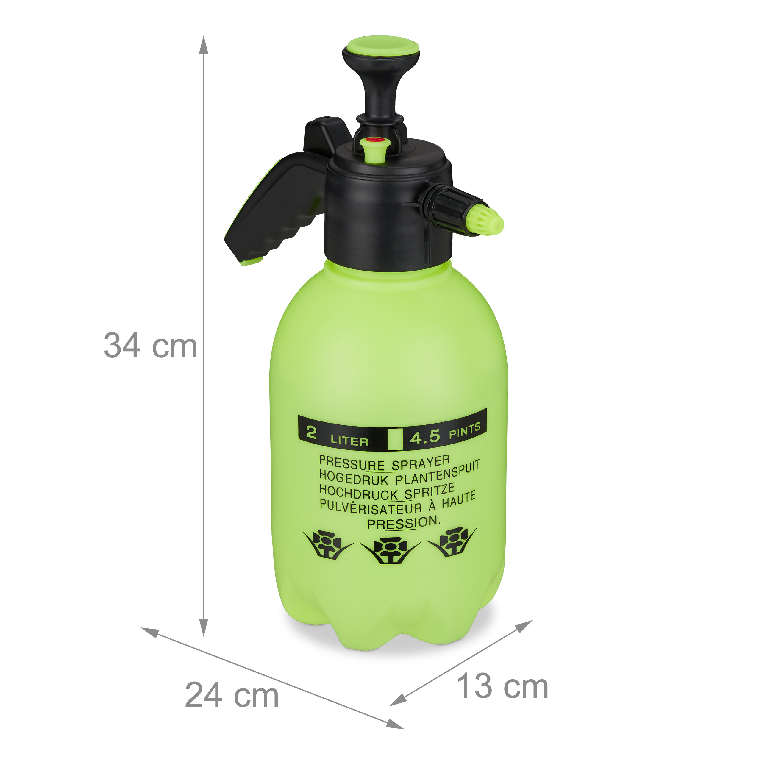Ein grüner und schwarzer 2-Liter-Drucksprüher mit Maßangaben von 34 cm Höhe, 24 cm Breite und 13 cm Tiefe.